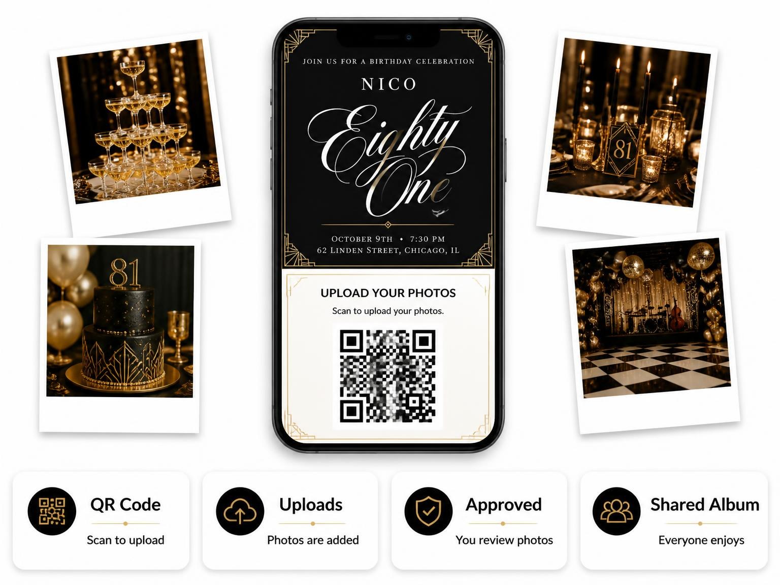 The shared photo gallery that comes with the Art Deco 81st Birthday Invitation invitation