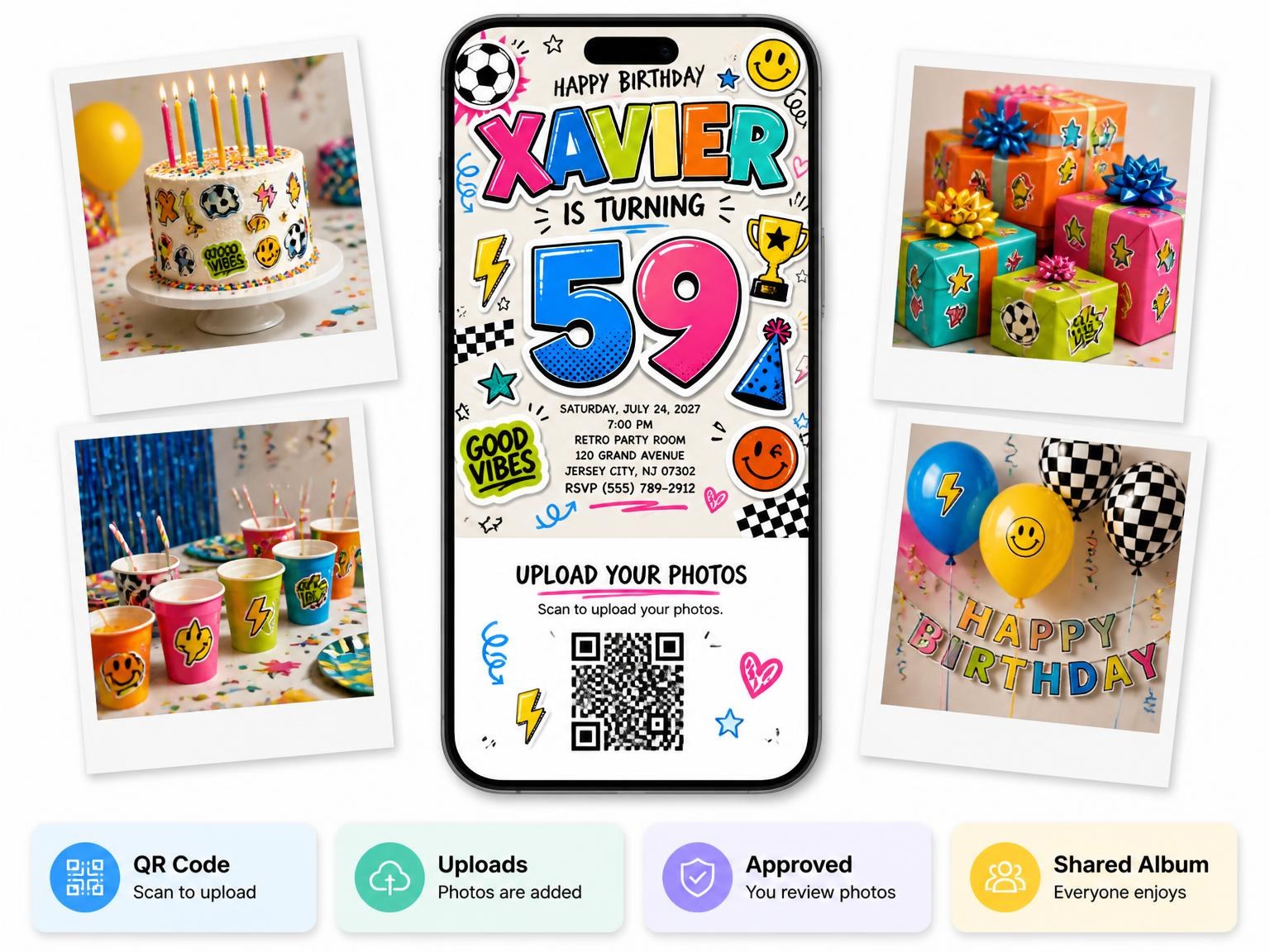 The shared photo gallery that comes with the Sticker Pop 59th Birthday Invitation invitation