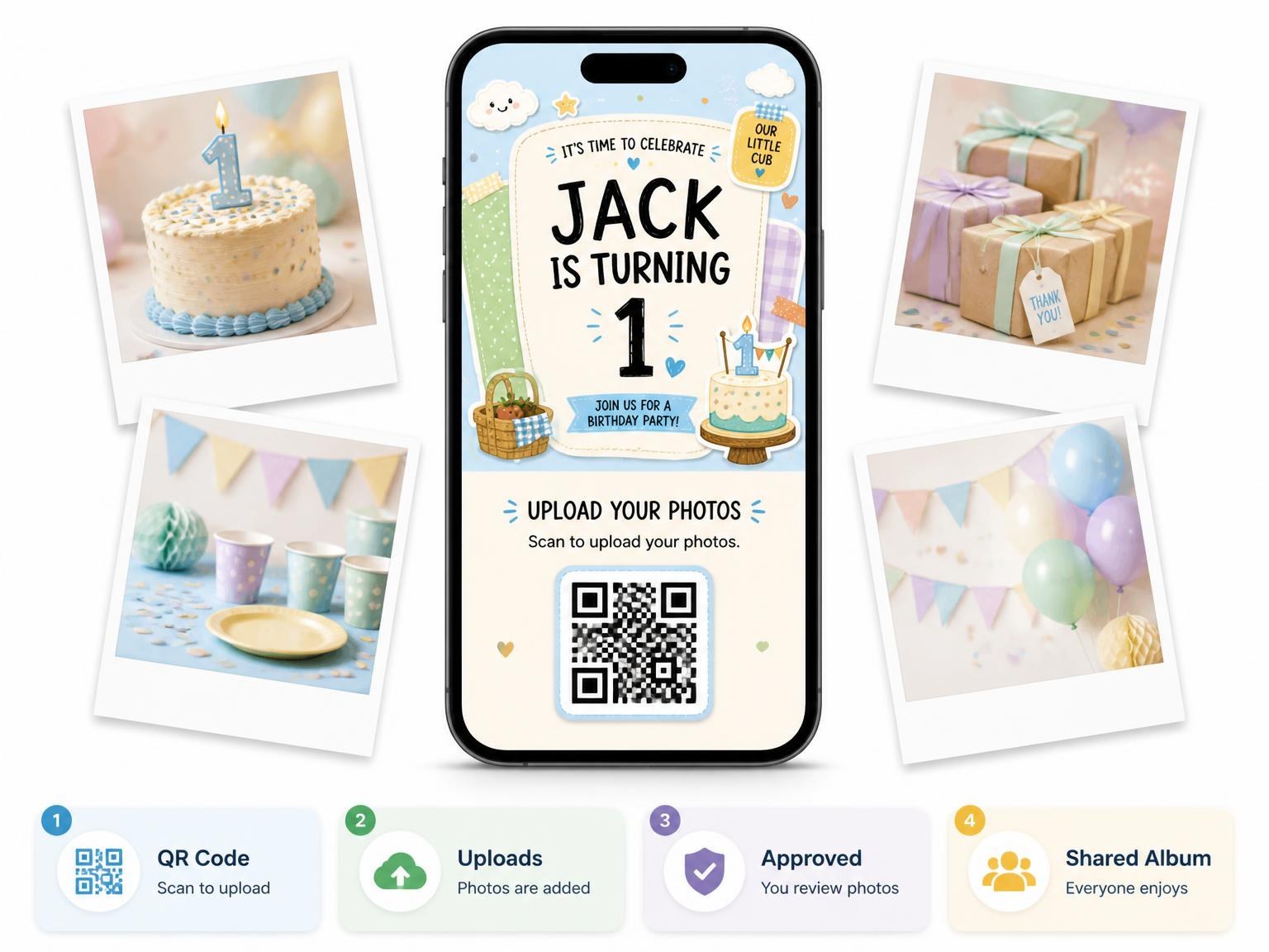 The shared photo gallery that comes with the Bear Cub Pastel 1st Birthday Invitation invitation