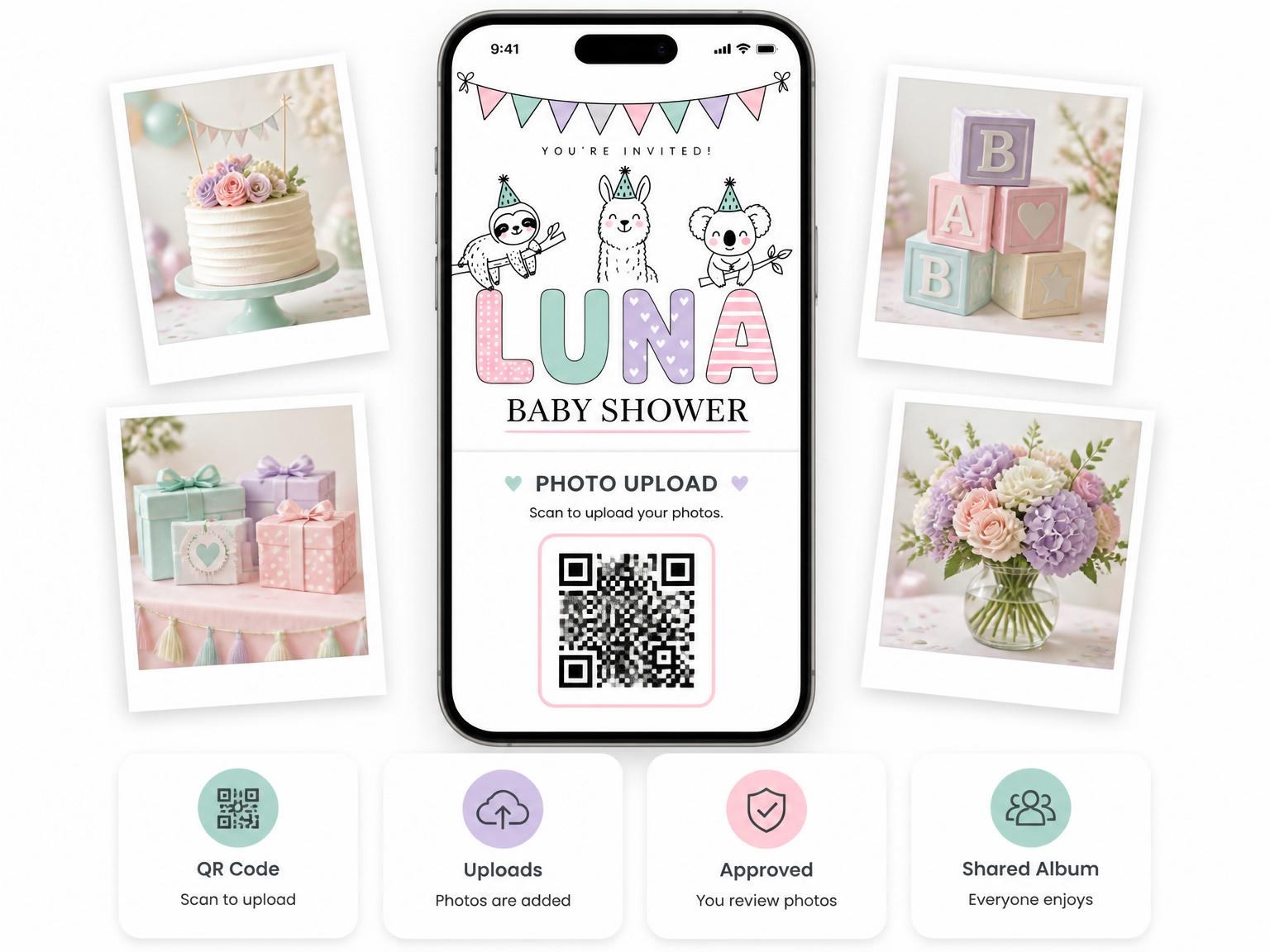 The shared photo gallery that comes with the Pastel Animal Print Baby Shower invitation