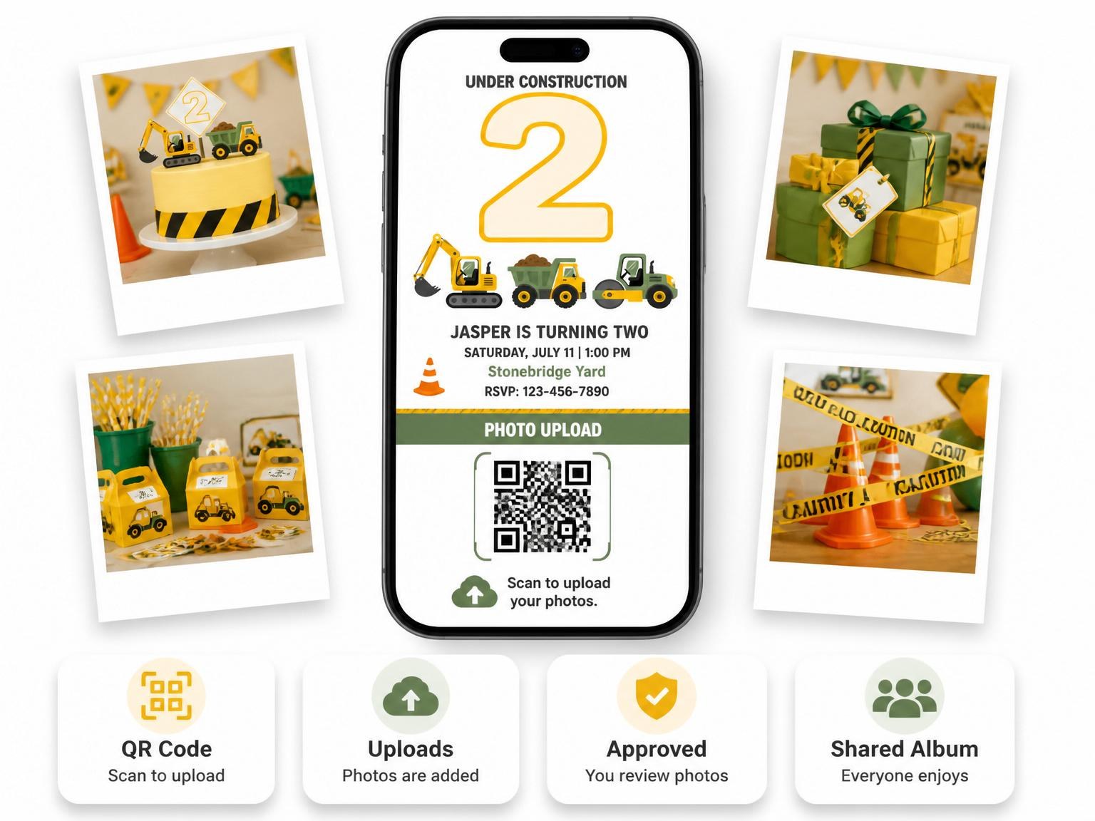 The shared photo gallery that comes with the Yellow Construction Heavy Machinery 2nd Birthday invitation