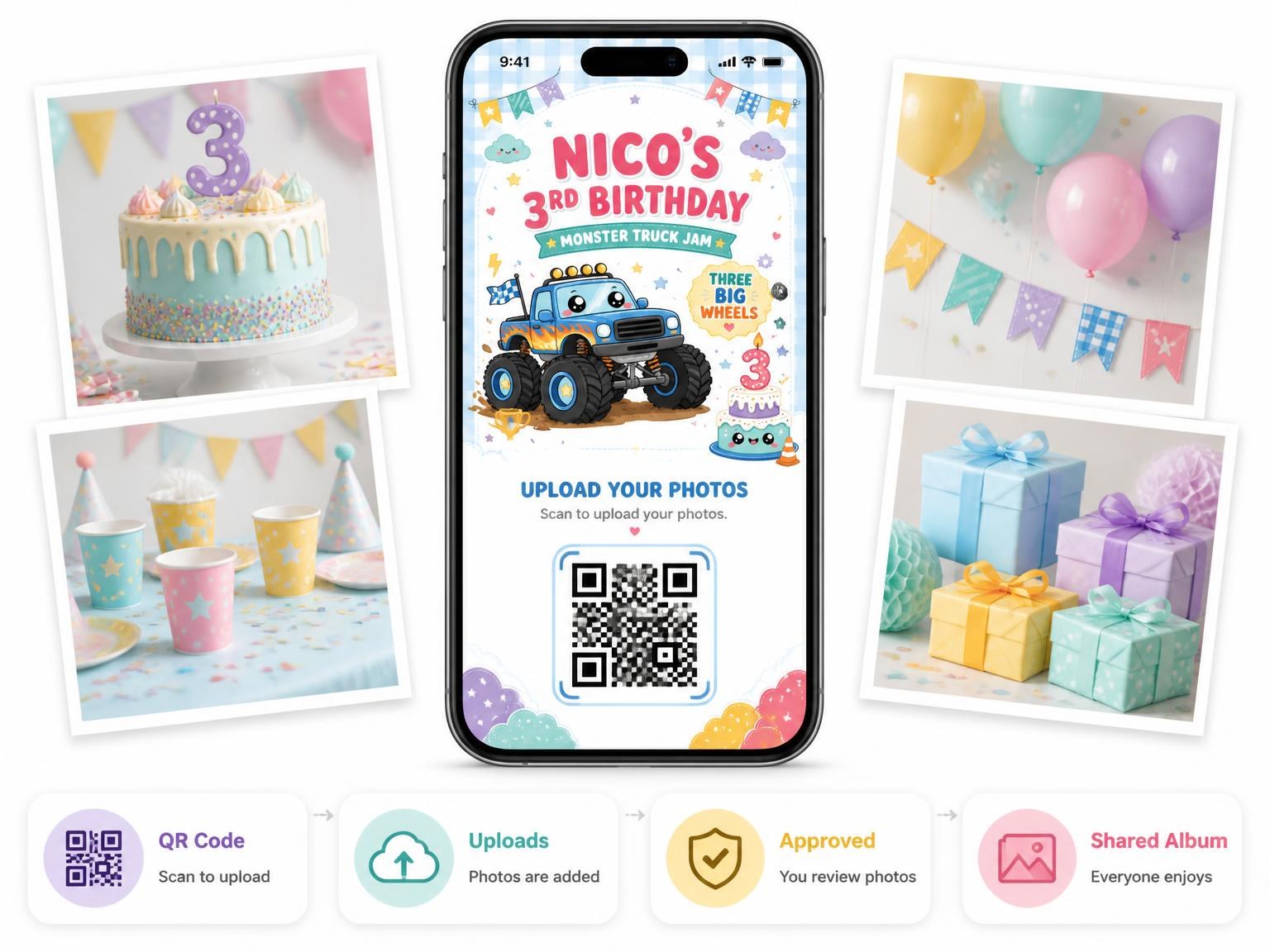The shared photo gallery that comes with the Kawaii Monster Truck 3rd Birthday Invitation invitation