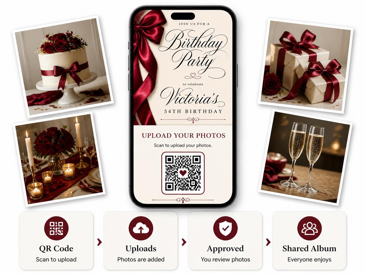 The shared photo gallery that comes with the Burgundy Satin Bow 54th Birthday Invitation invitation