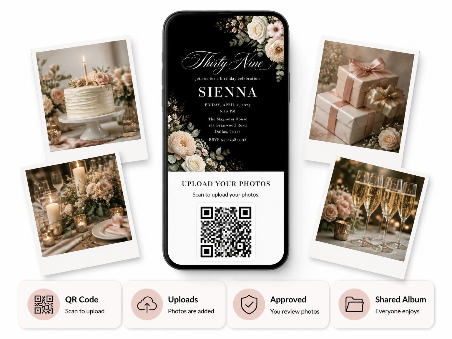 The shared photo gallery that comes with the Black Floral 39th Birthday Invitation invitation