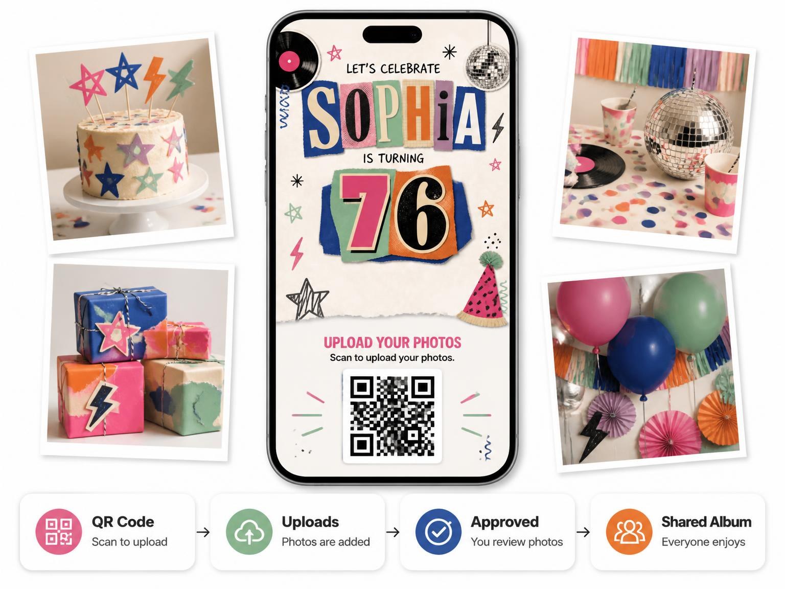 The shared photo gallery that comes with the Retro Paper Collage 76th Birthday Invitation invitation