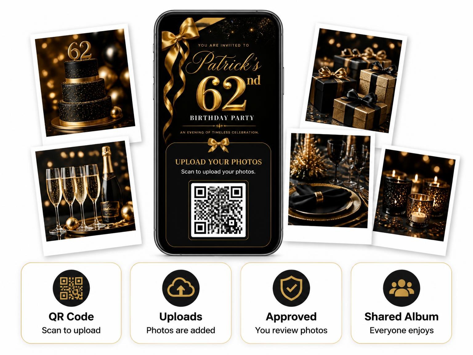 The shared photo gallery that comes with the Black and Gold Ribbon 62nd Birthday invitation