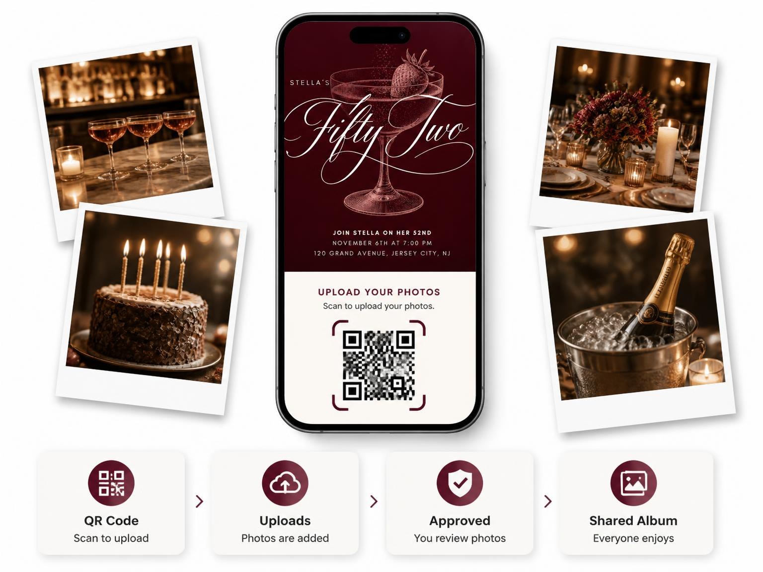 The shared photo gallery that comes with the Burgundy Cocktail 52nd Birthday Invitation invitation
