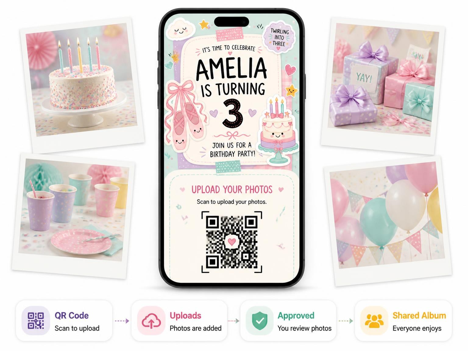 The shared photo gallery that comes with the Ballet Slippers Pastel 3rd Birthday Invitation invitation