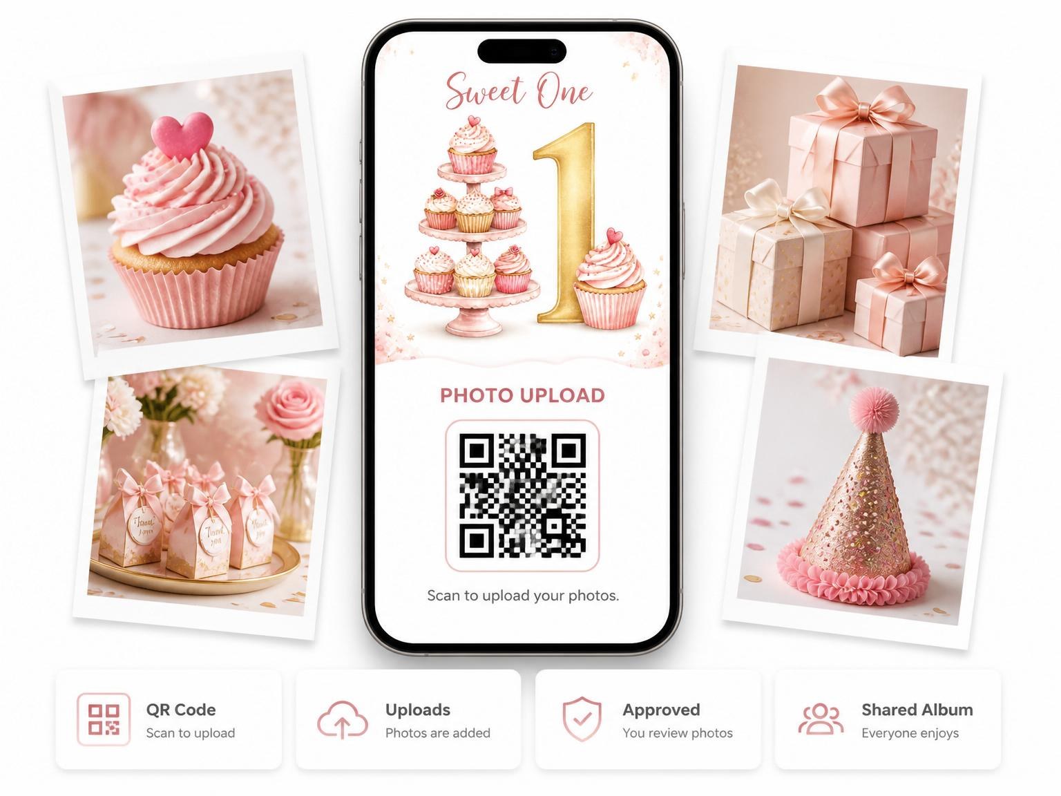 The shared photo gallery that comes with the Watercolor Cupcake Gold Number 1st Birthday invitation