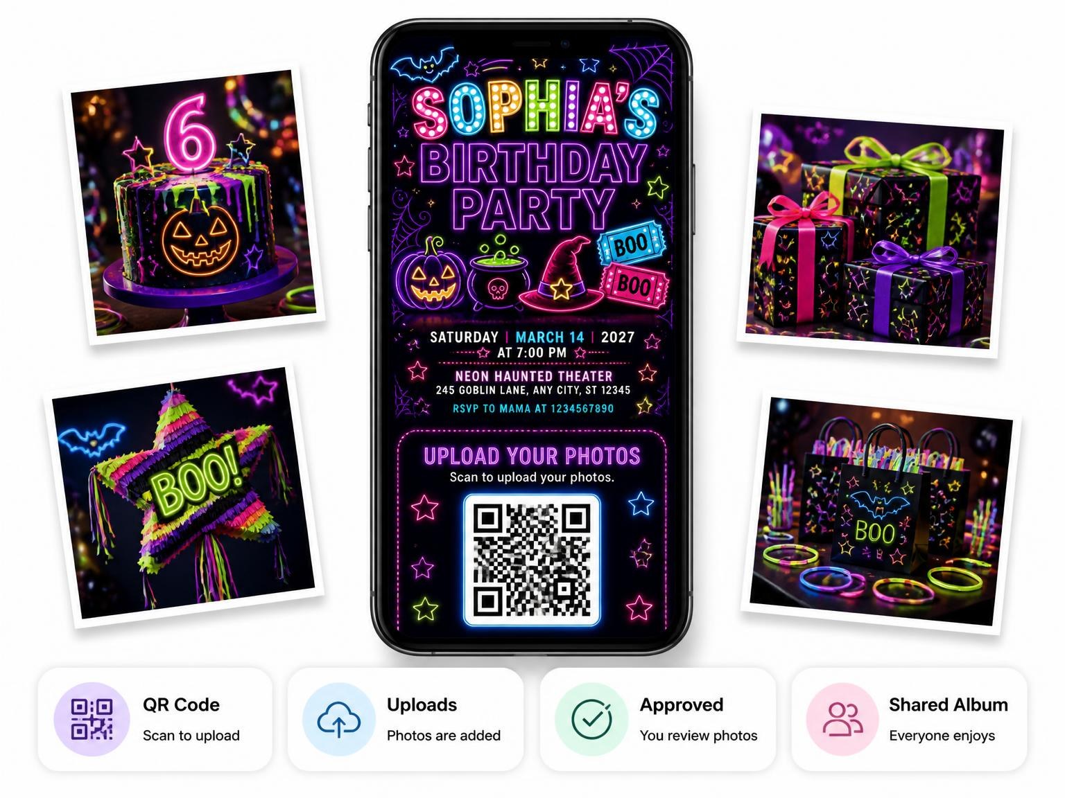The shared photo gallery that comes with the Neon Halloween Glow 6th Birthday Invitation invitation