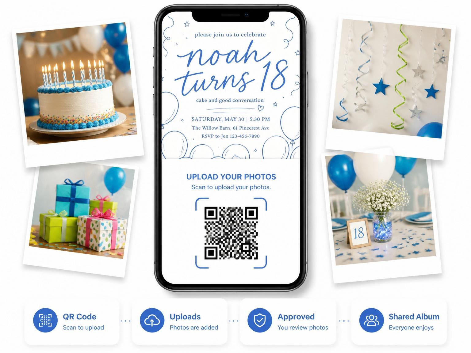 The shared photo gallery that comes with the Blue Balloon Star 18th Birthday invitation