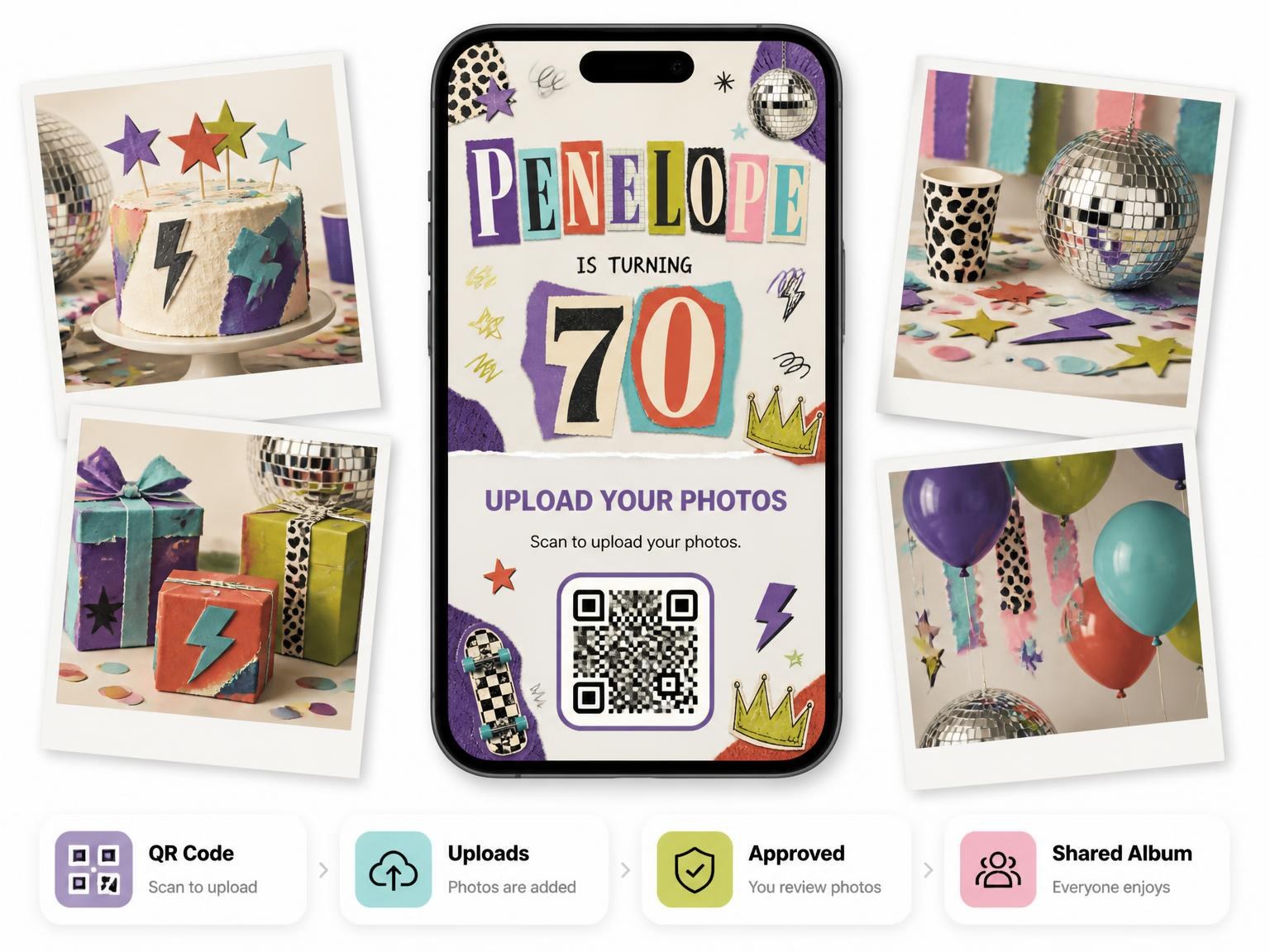 The shared photo gallery that comes with the Retro Paper Collage 70th Birthday Invitation invitation