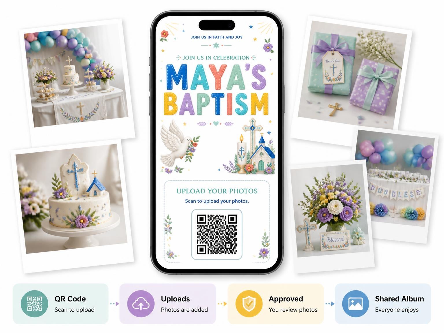 The shared photo gallery that comes with the Flying Dove Baptism Invitation invitation