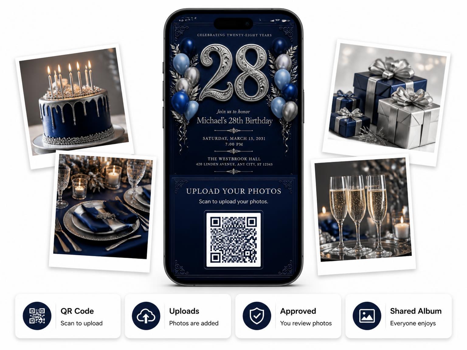 The shared photo gallery that comes with the Navy and Silver 28th Birthday Invitation invitation