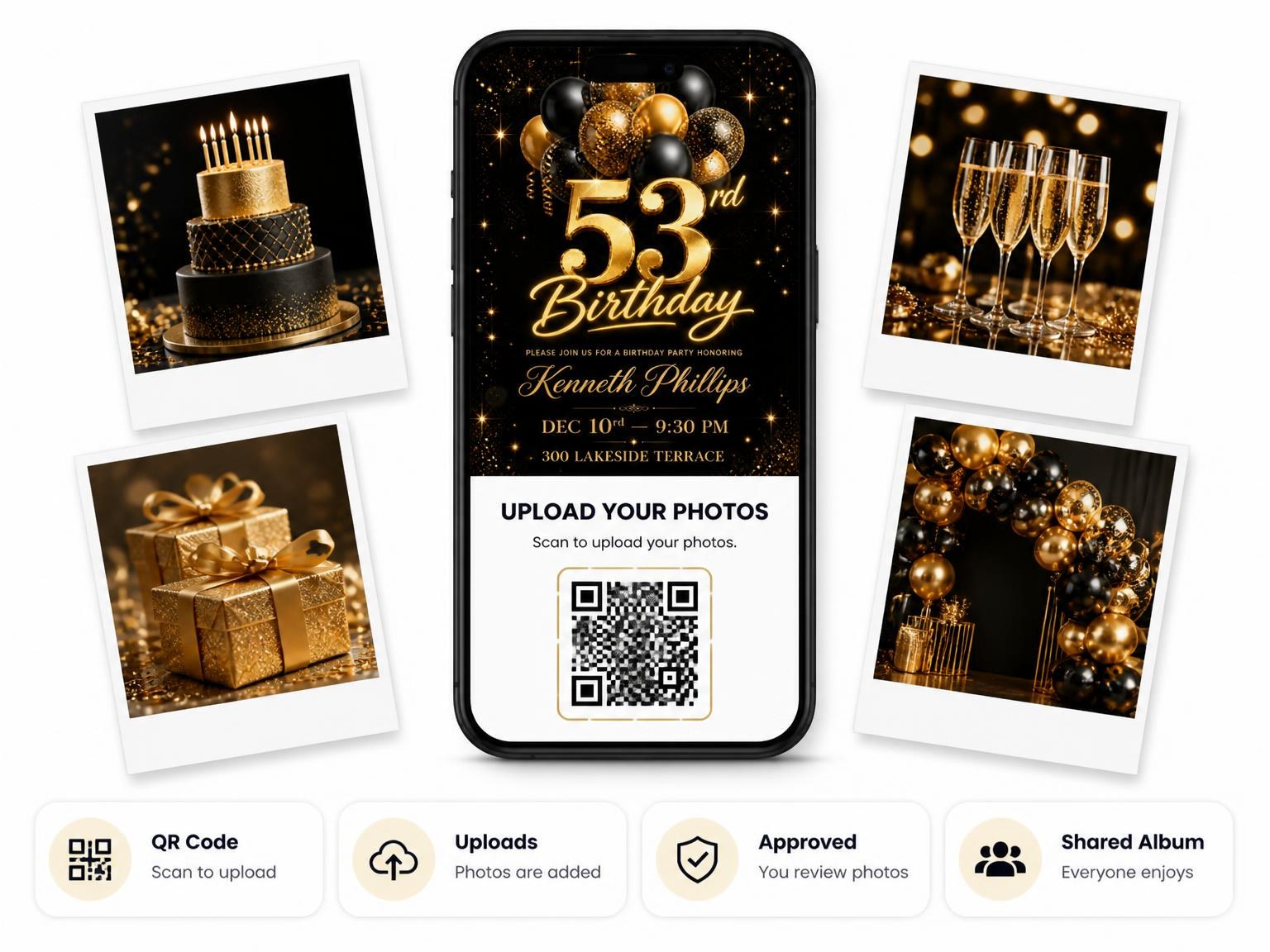 The shared photo gallery that comes with the Black and Gold Balloon 53rd Birthday Invitation invitation
