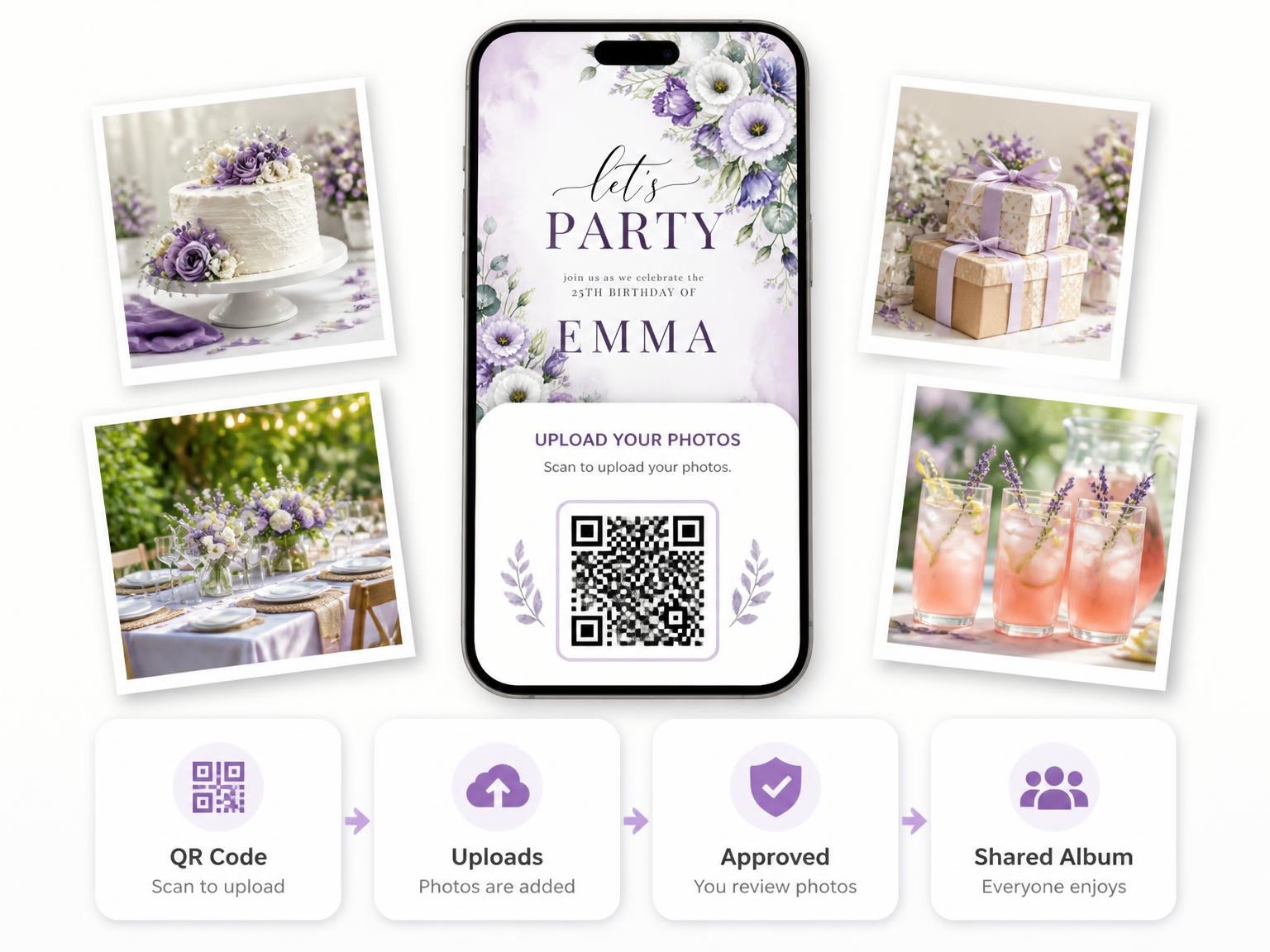 The shared photo gallery that comes with the Floral Bouquet Lavender 25th Birthday Invitation invitation