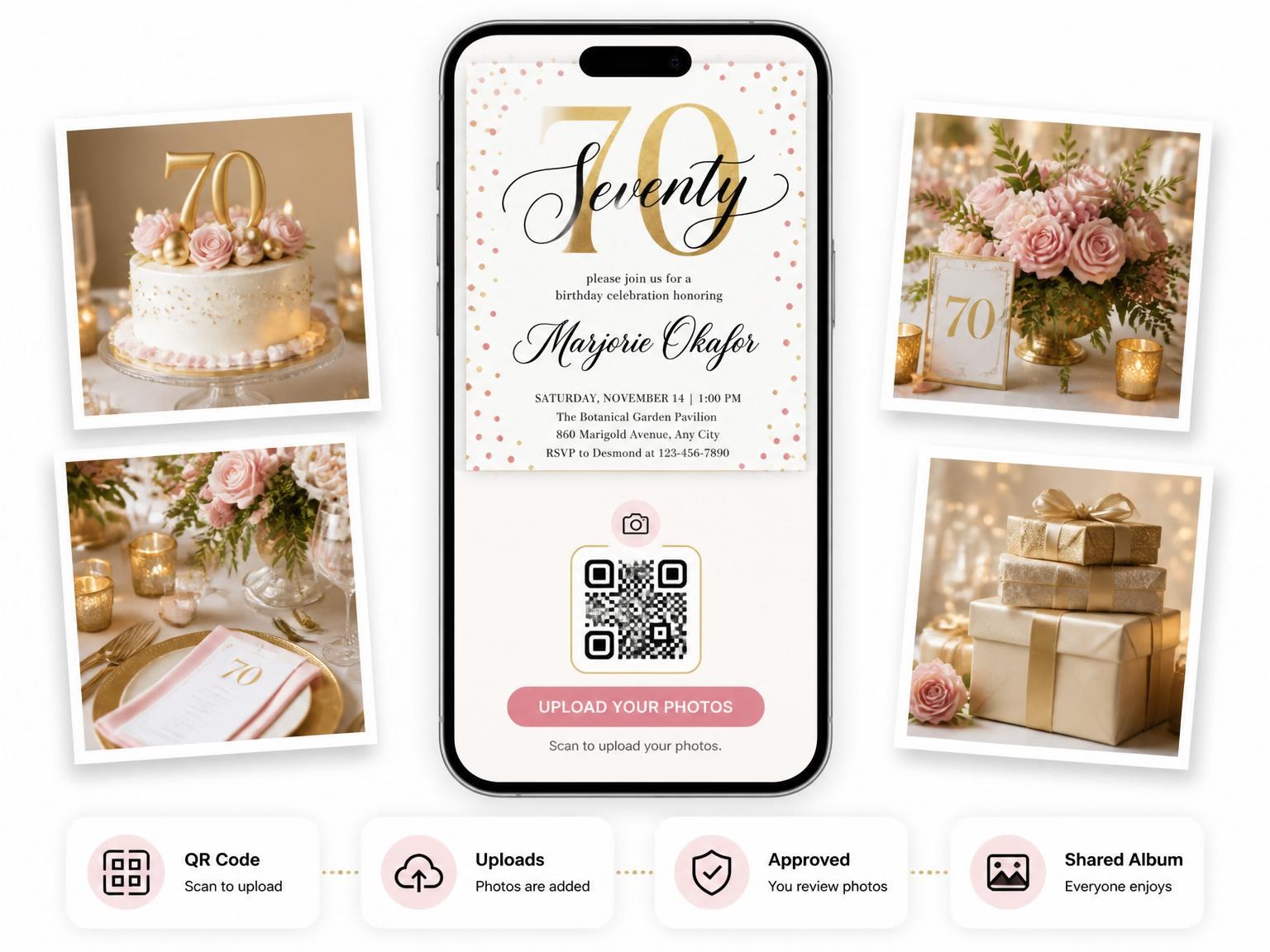 The shared photo gallery that comes with the Gold Pink Confetti 70th Birthday invitation