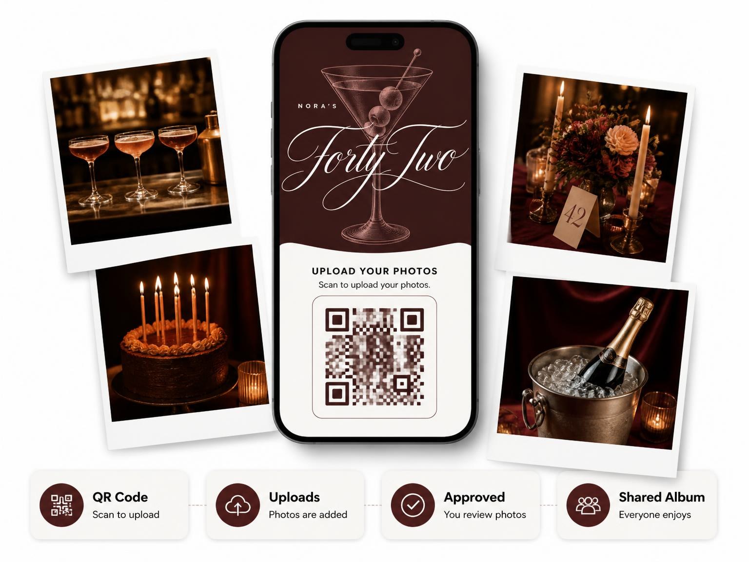 The shared photo gallery that comes with the Burgundy Cocktail 42nd Birthday Invitation invitation