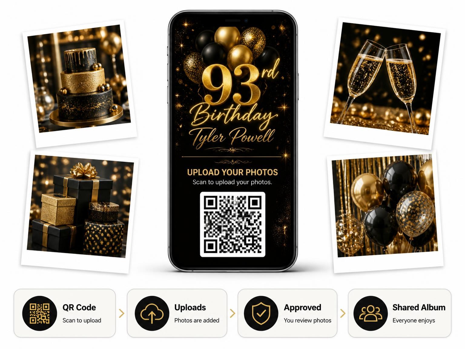The shared photo gallery that comes with the Black and Gold Balloon 93rd Birthday invitation