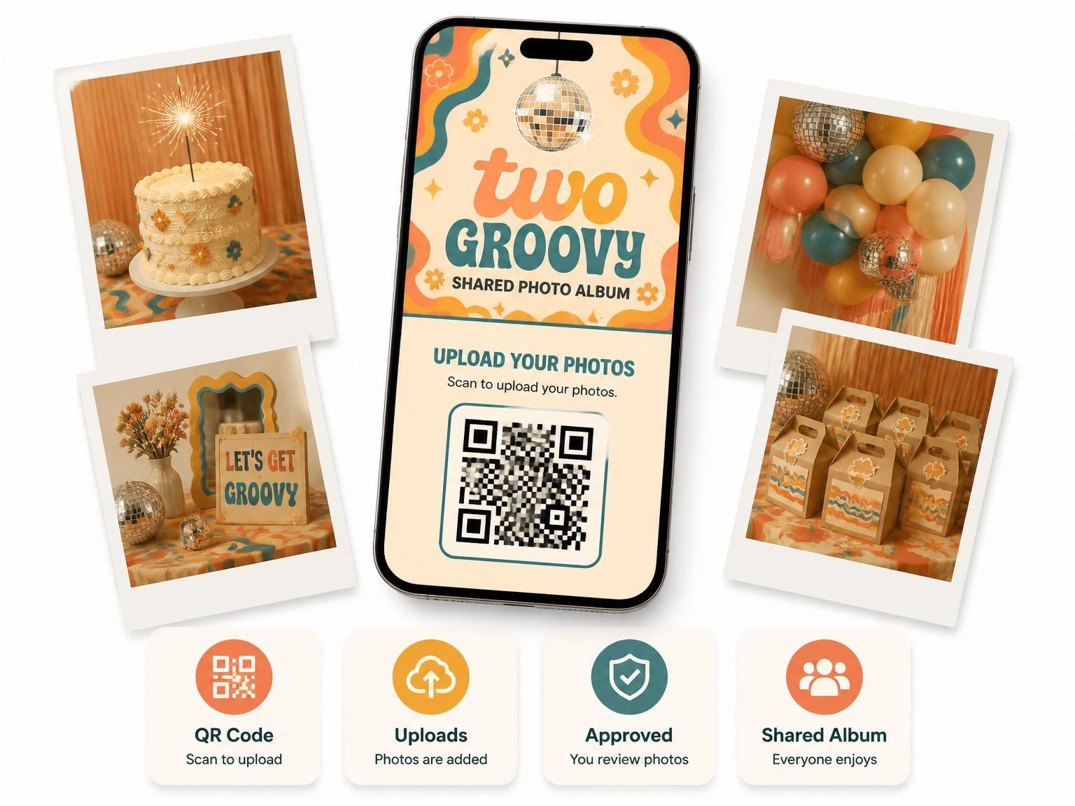 The shared photo gallery that comes with the Retro 70s Disco 2nd Birthday invitation