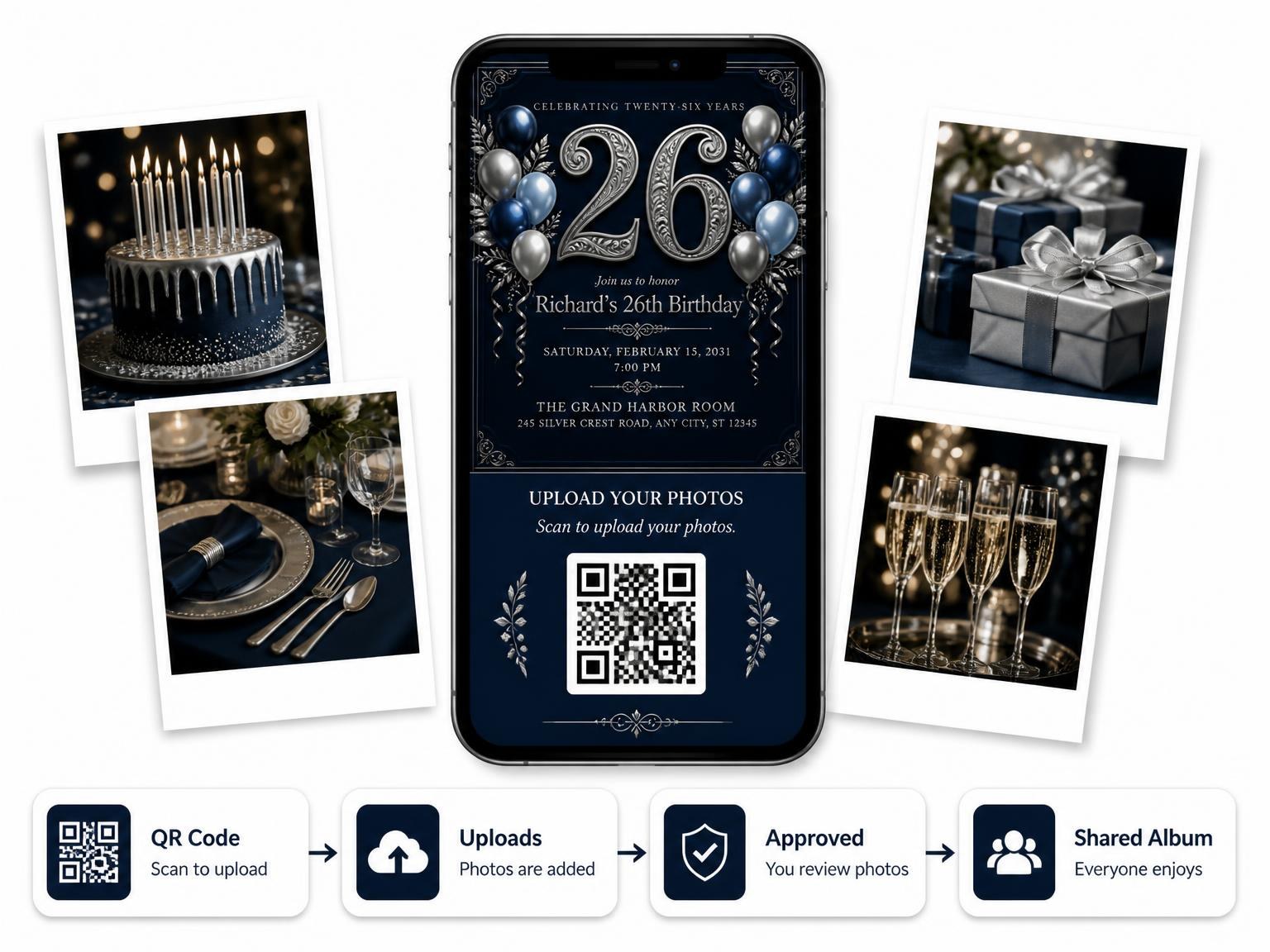 The shared photo gallery that comes with the Navy and Silver 26th Birthday Invitation invitation