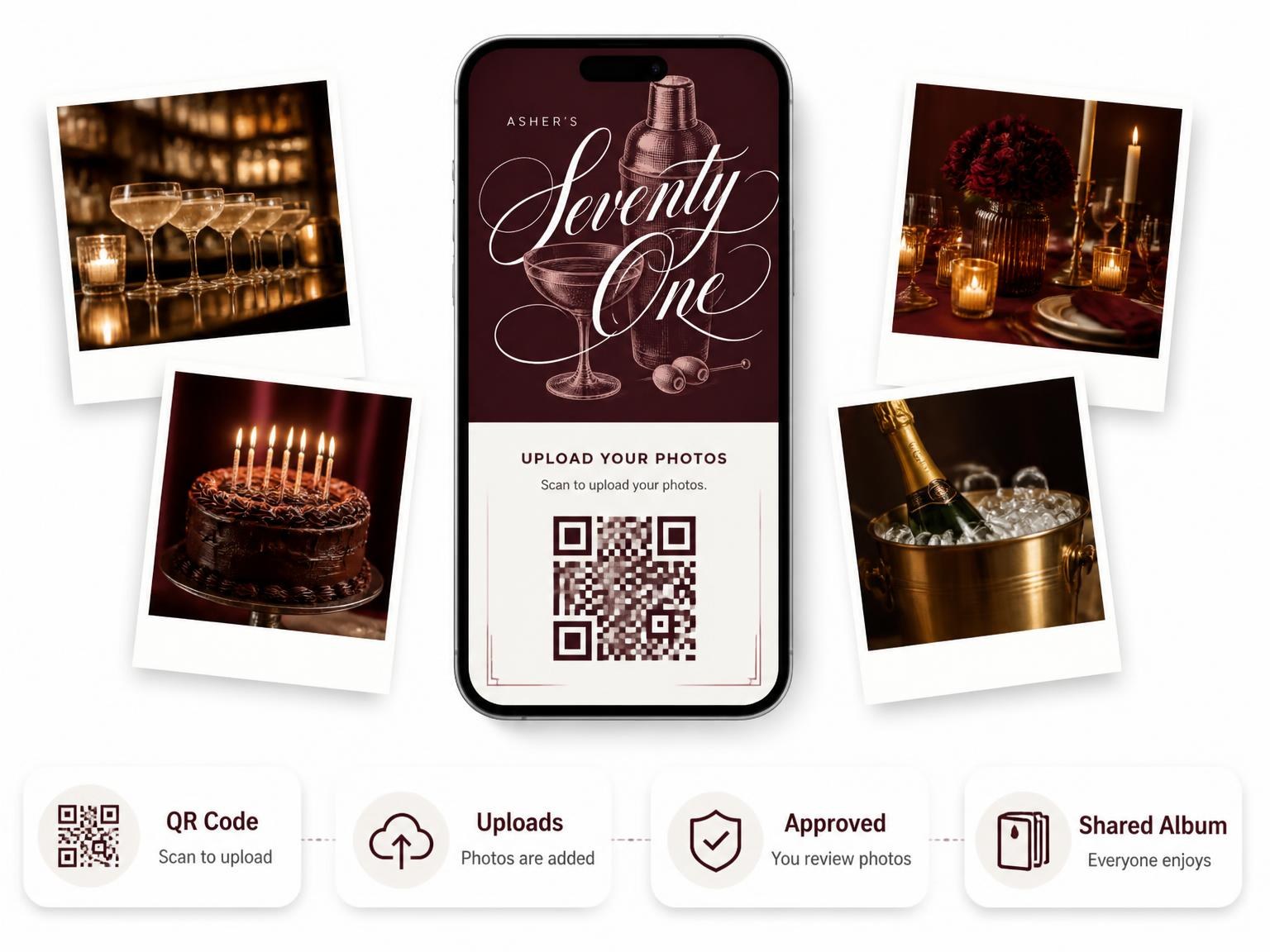 The shared photo gallery that comes with the Burgundy Cocktail 71st Birthday Invitation invitation
