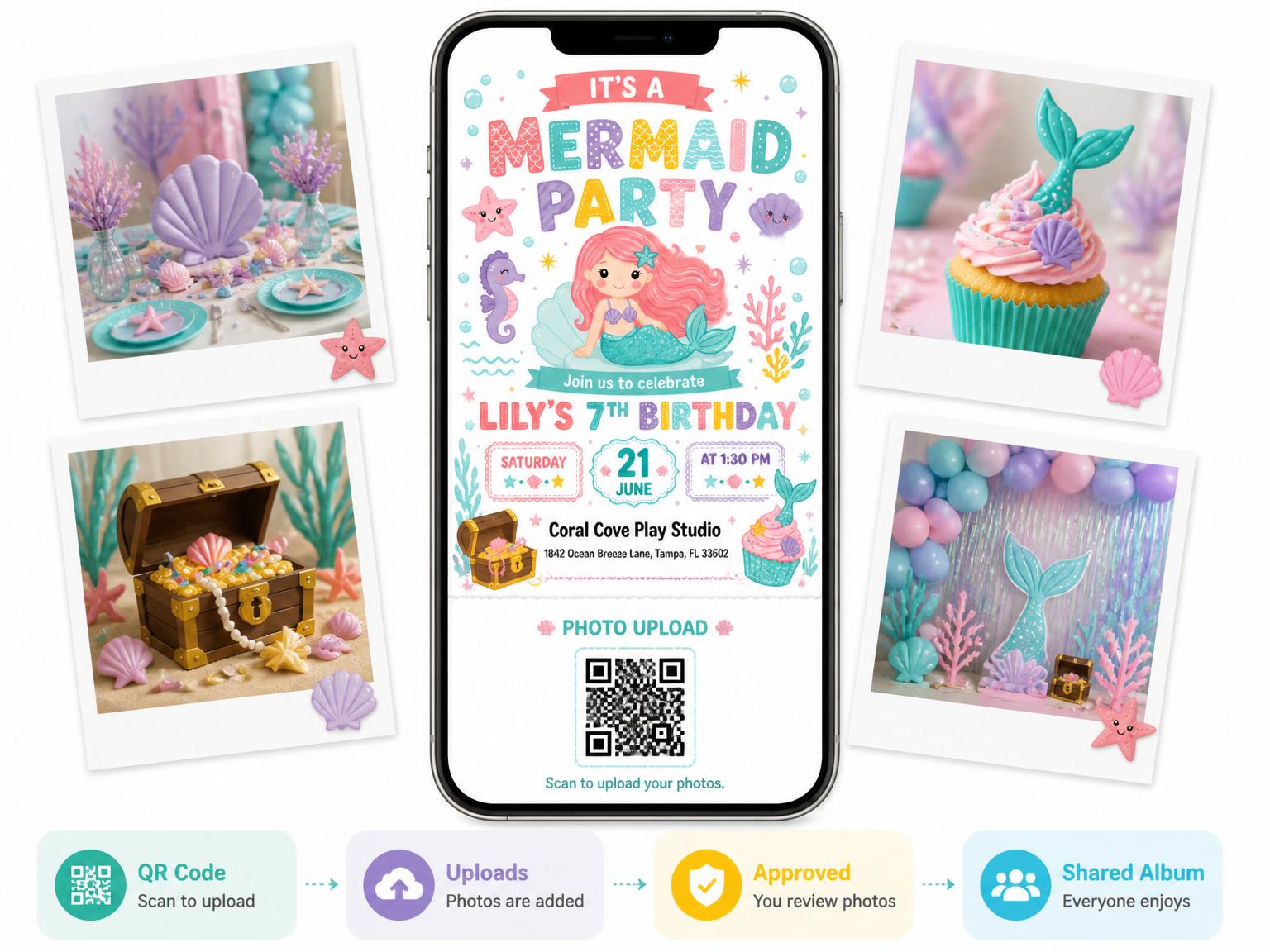 The shared photo gallery that comes with the Magical Mermaid Cove 7th Birthday Party invitation
