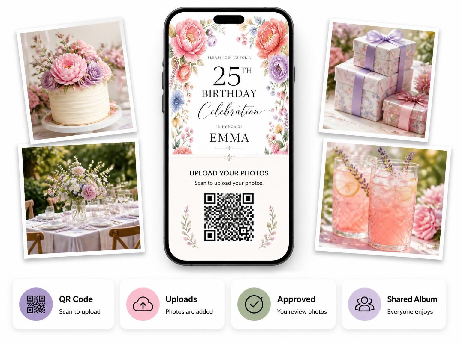 The shared photo gallery that comes with the Pastel Peony Floral 25th Birthday Invitation invitation