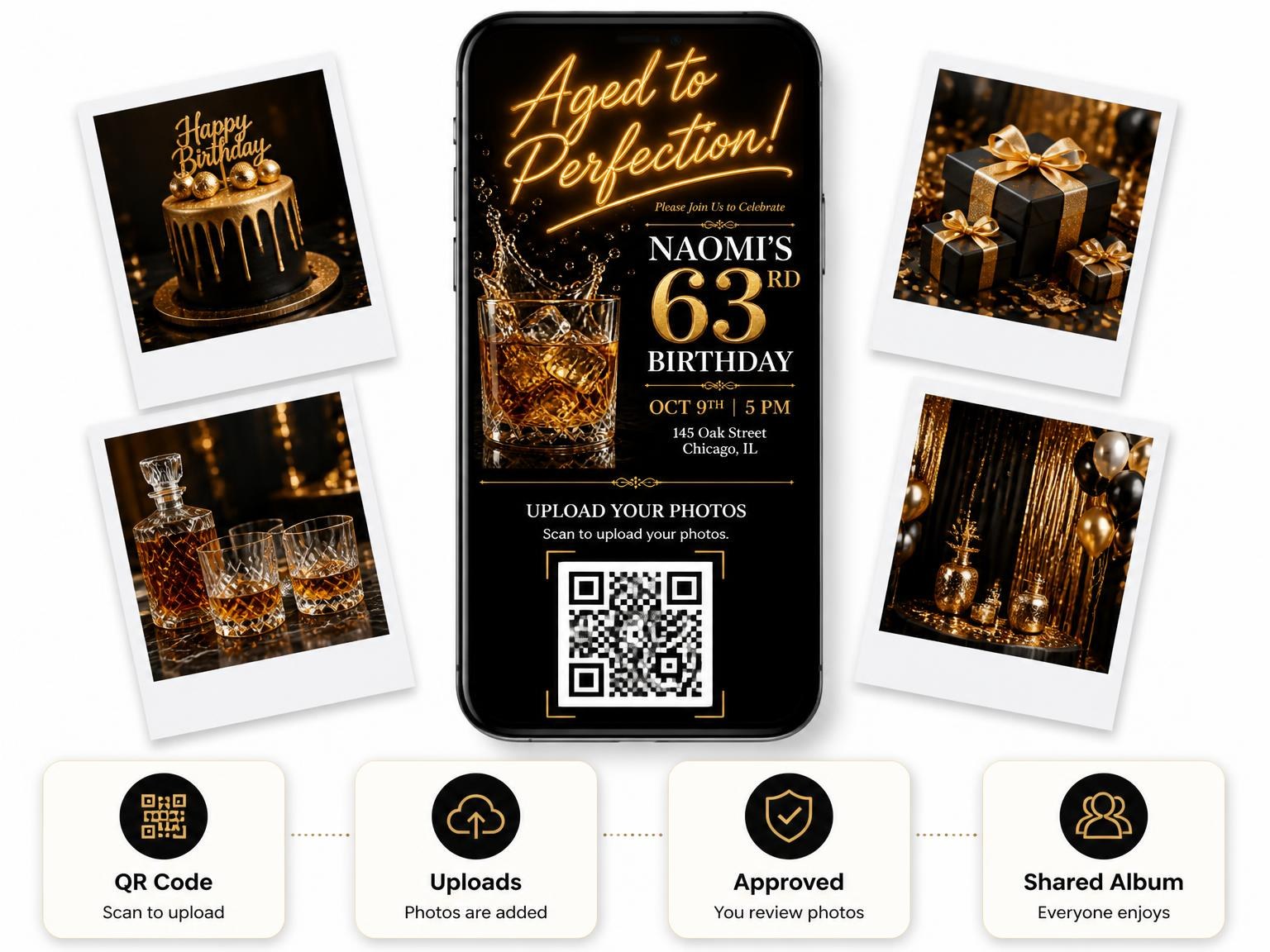 The shared photo gallery that comes with the Black and Gold Whiskey 63rd Birthday Invitation invitation