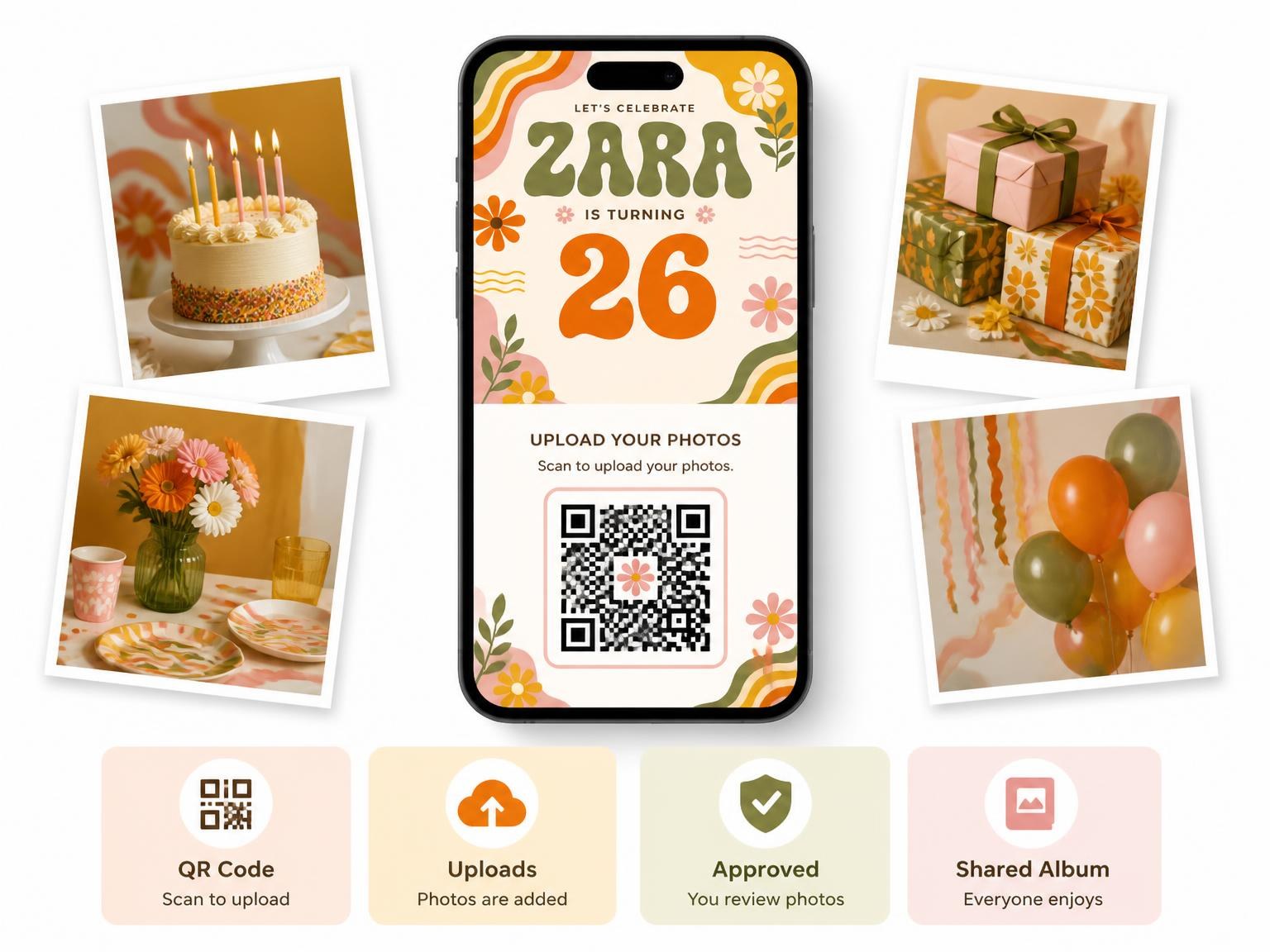 The shared photo gallery that comes with the Groovy Retro 26th Birthday Invitation invitation