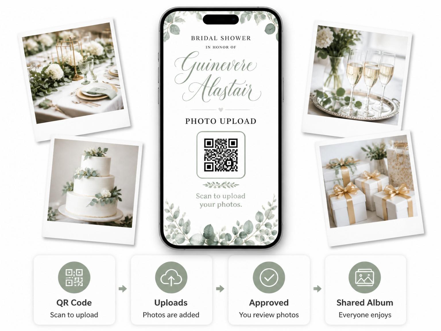 The shared photo gallery that comes with the Watercolor Eucalyptus Bridal Shower Invitation invitation