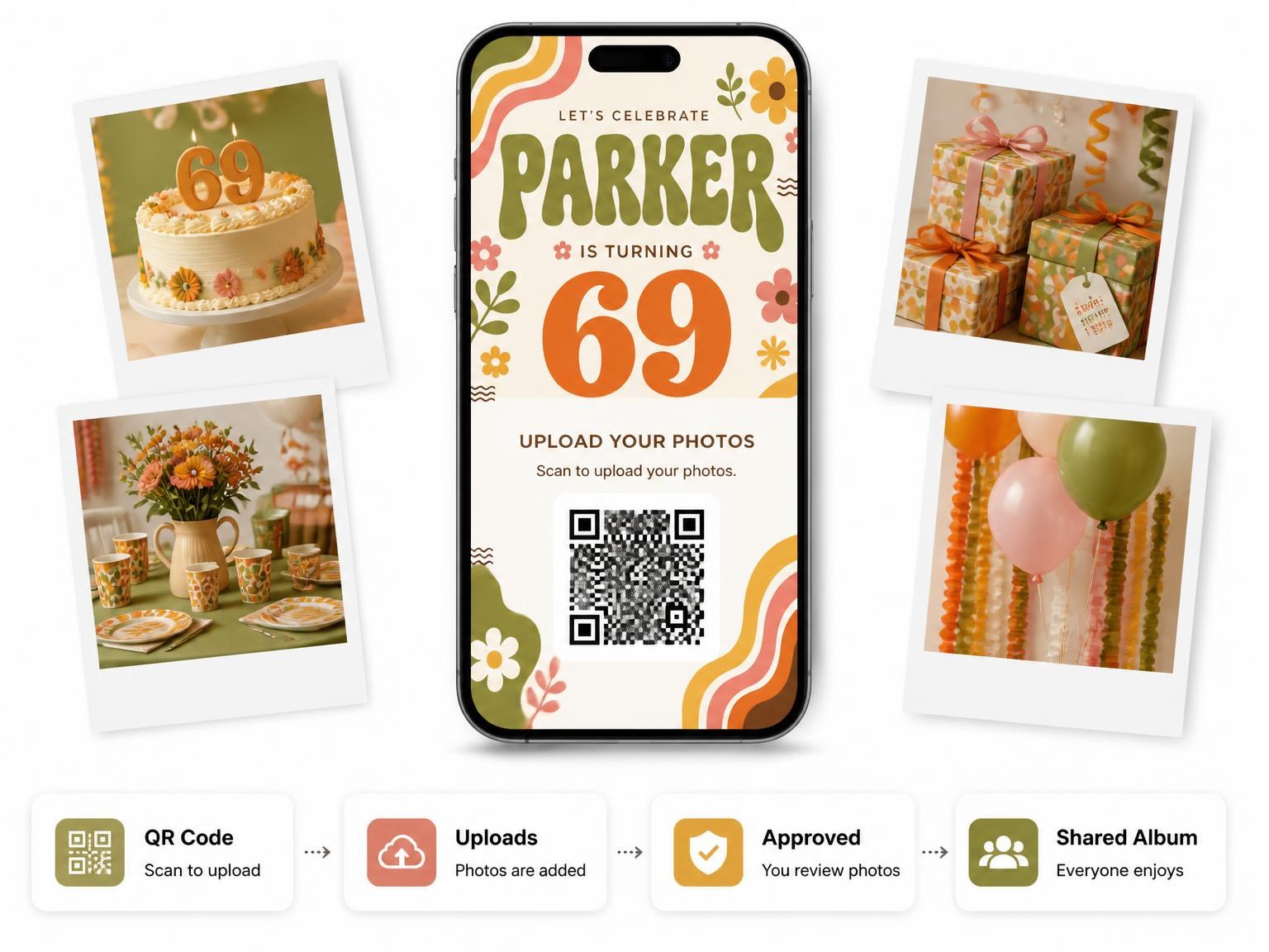 The shared photo gallery that comes with the Groovy Retro 69th Birthday Invitation invitation