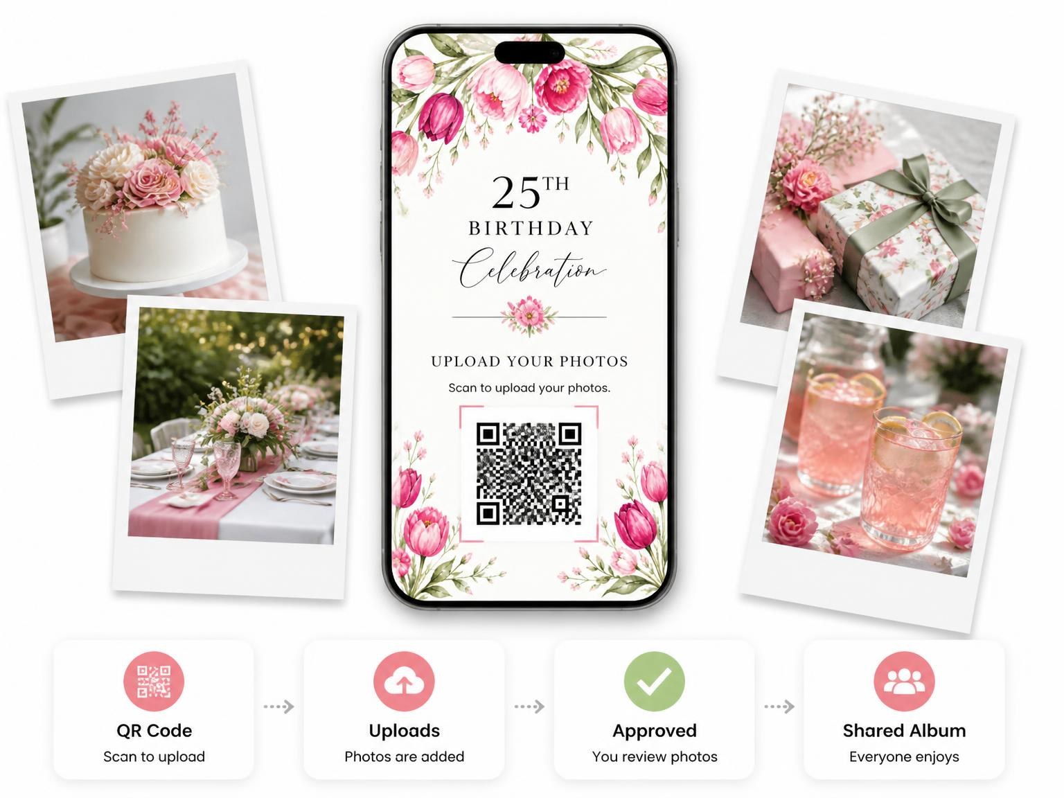 The shared photo gallery that comes with the Fuchsia Floral Arch 25th Birthday Invitation invitation