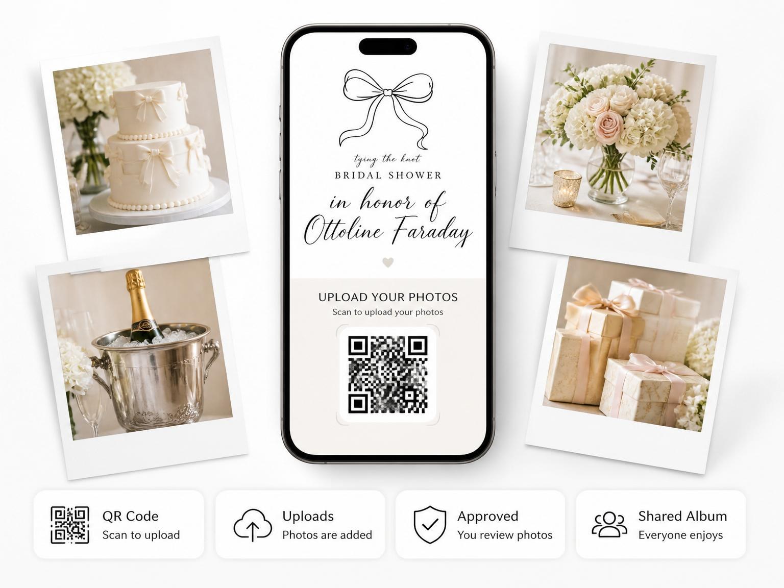 The shared photo gallery that comes with the Minimalist Black and White Bow Bridal Shower invitation