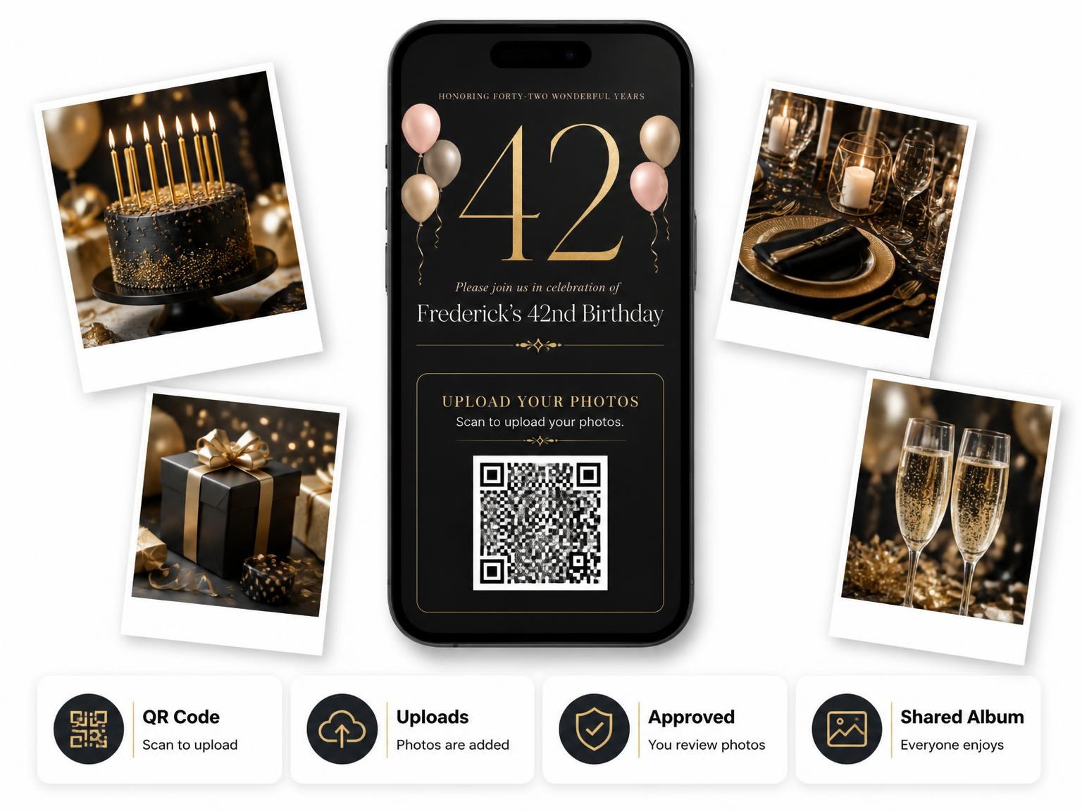 The shared photo gallery that comes with the Charcoal and Blush 42nd Birthday Invitation invitation