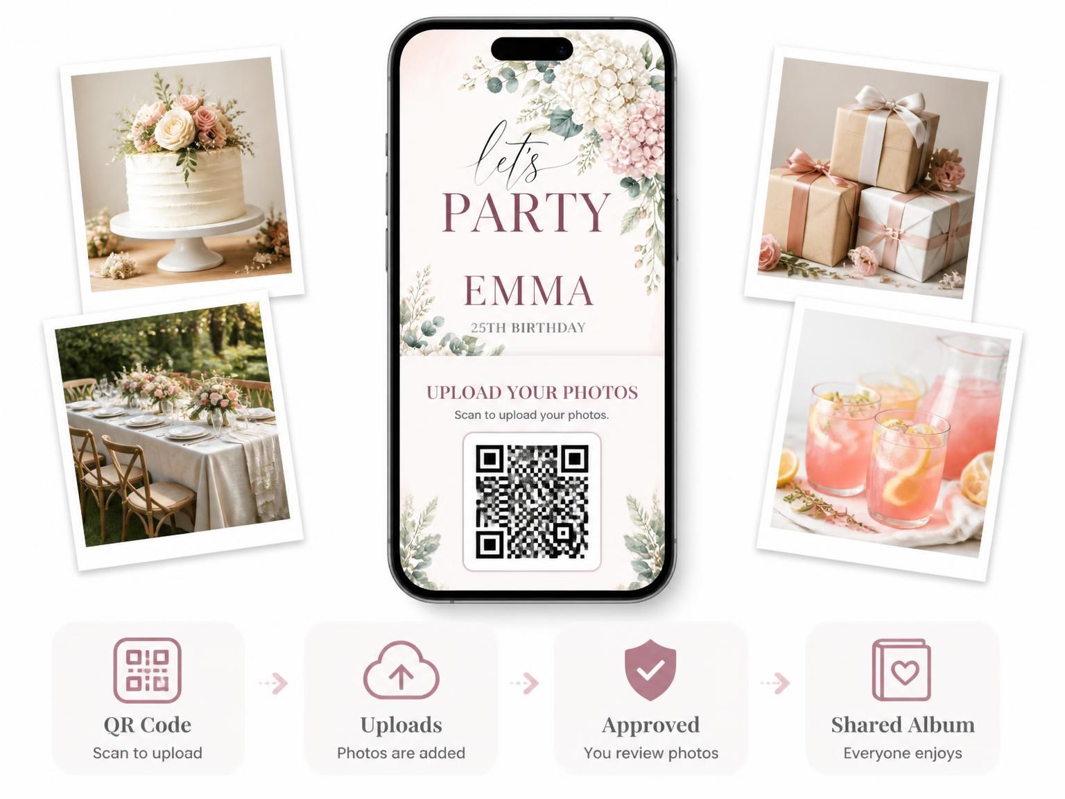 The shared photo gallery that comes with the Arch Backdrop Ivory 25th Birthday Invitation invitation