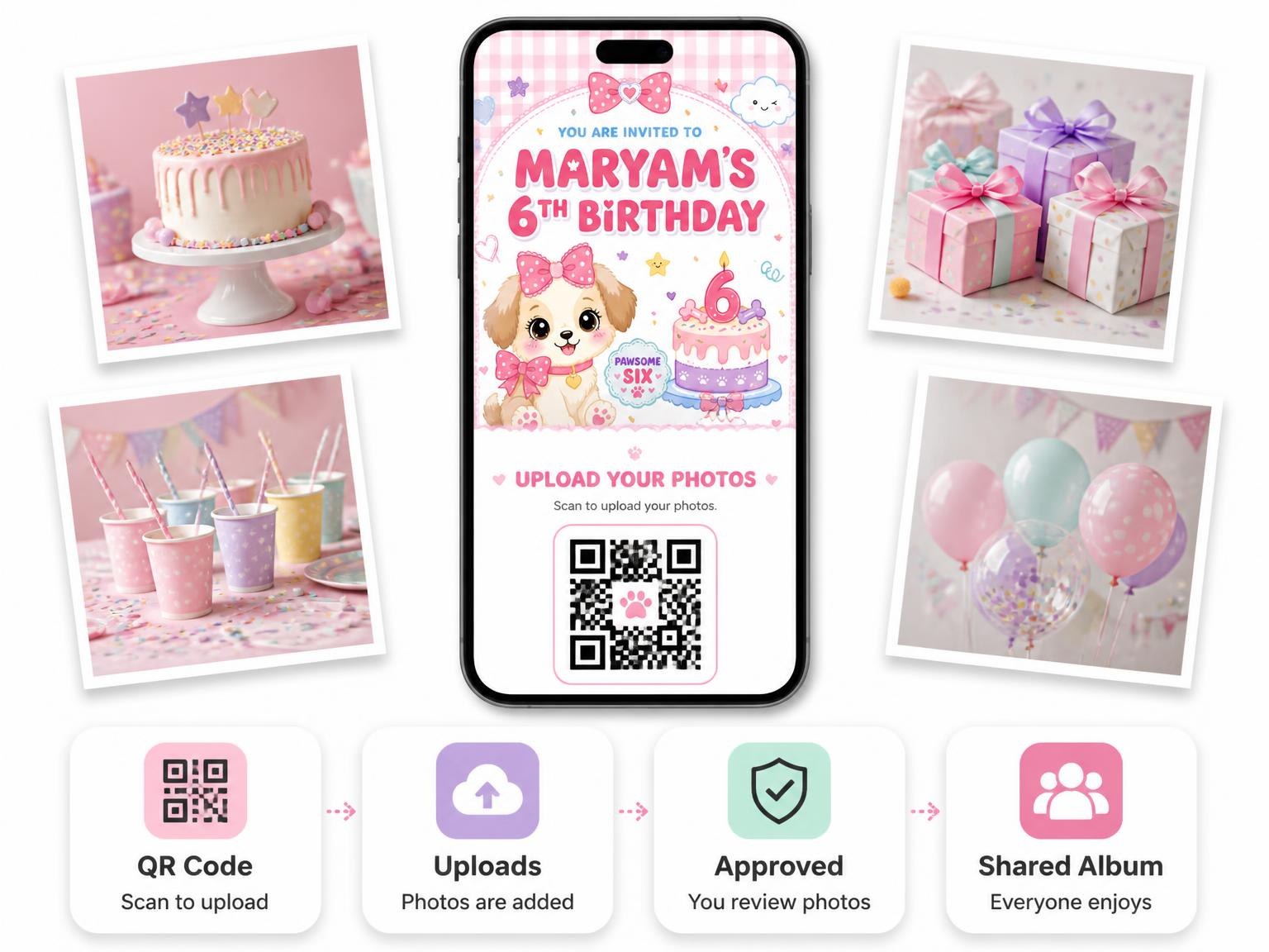 The shared photo gallery that comes with the Kawaii Puppy 6th Birthday Invitation invitation