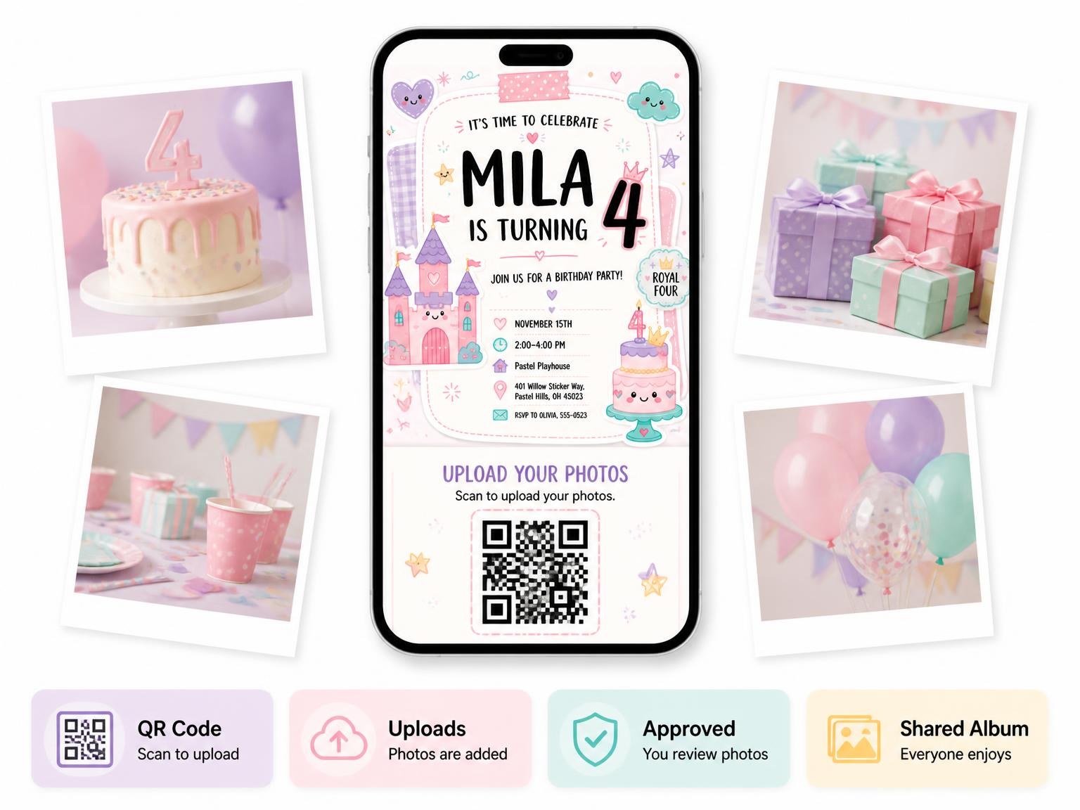 The shared photo gallery that comes with the Castle Pastel Scrapbook 4th Birthday Invitation invitation