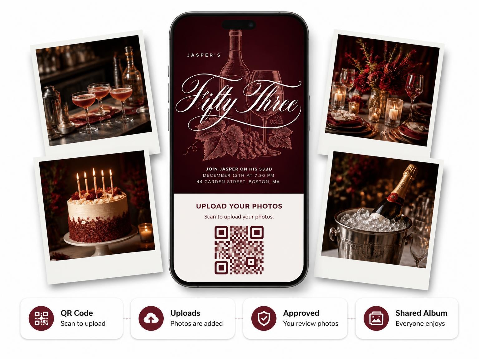 The shared photo gallery that comes with the Burgundy Cocktail 53rd Birthday Invitation invitation