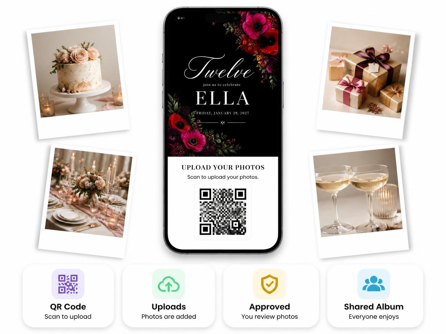 The shared photo gallery that comes with the Black Floral 12th Birthday Invitation invitation