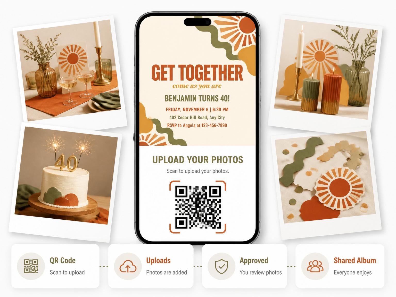 The shared photo gallery that comes with the 70s Retro Wave Casual Invitation invitation