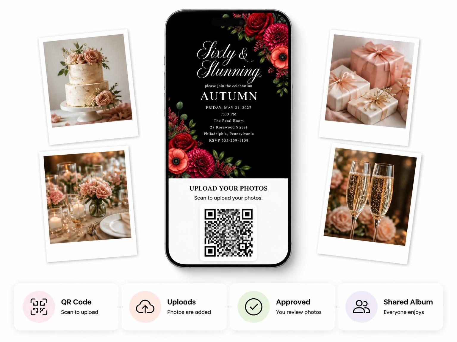 The shared photo gallery that comes with the Black Floral 60th Birthday Invitation invitation