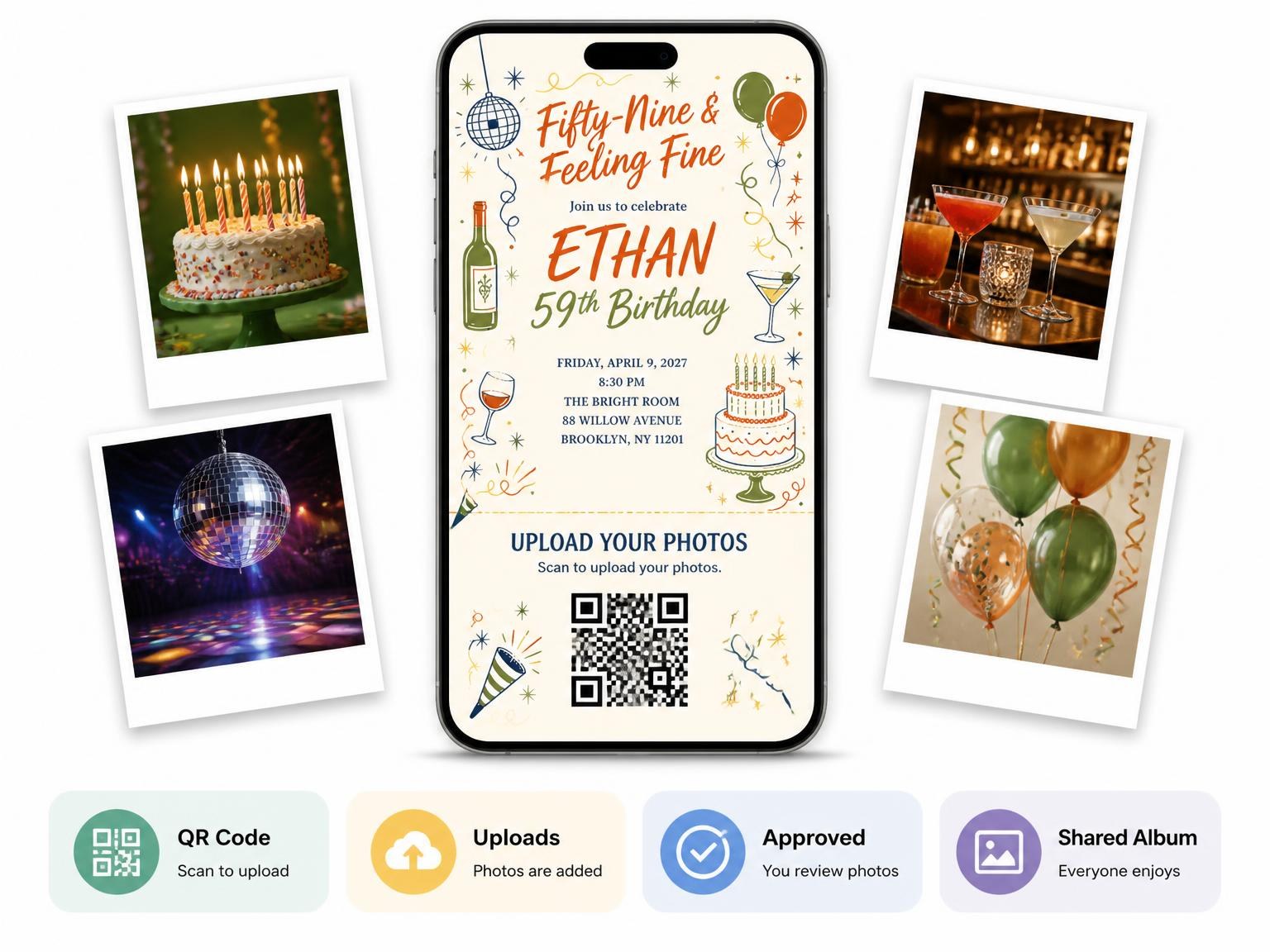 The shared photo gallery that comes with the Retro Doodle 59th Birthday Invitation invitation