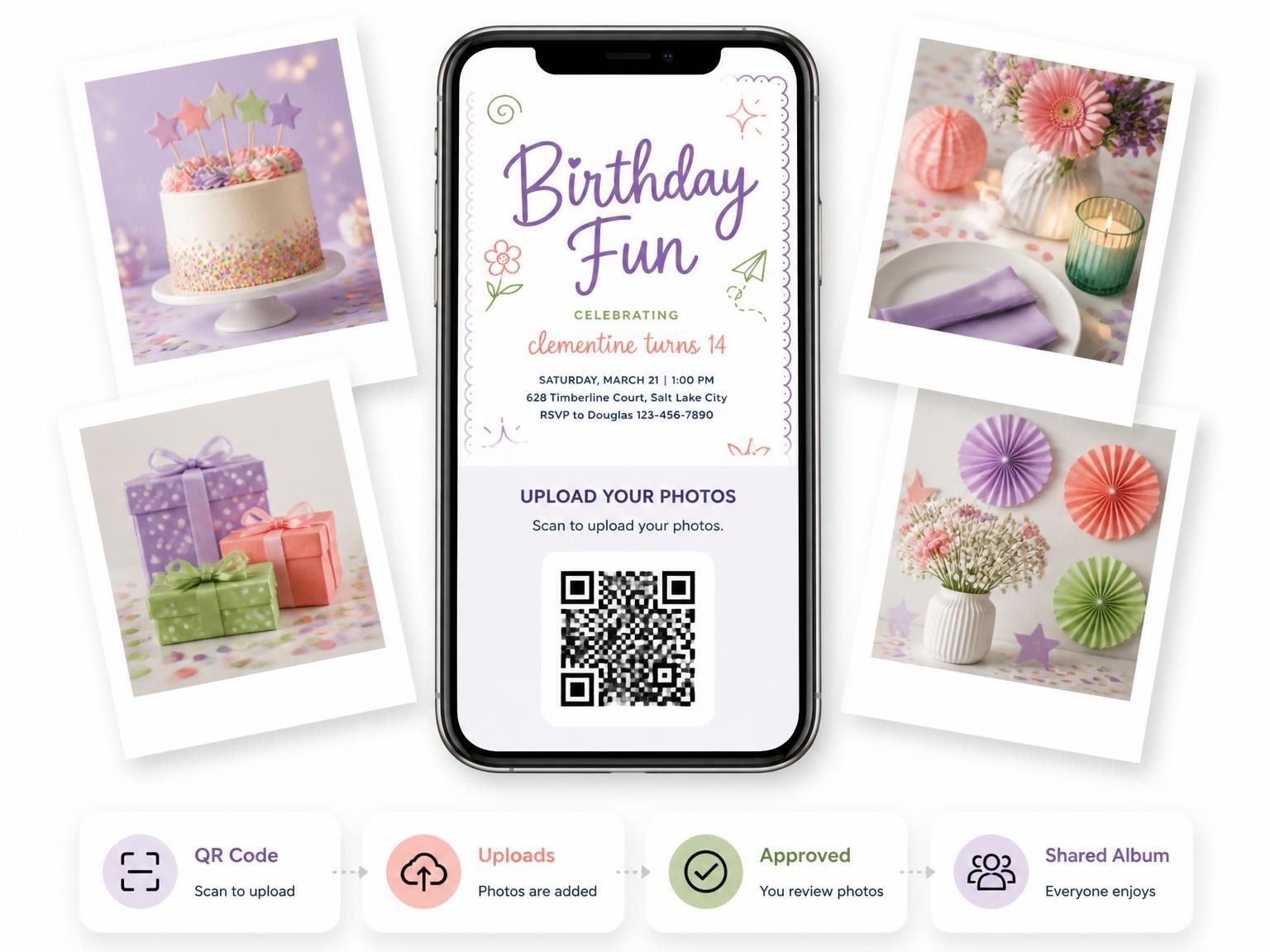 The shared photo gallery that comes with the Doodle Motif Scalloped Edge 14th Birthday invitation