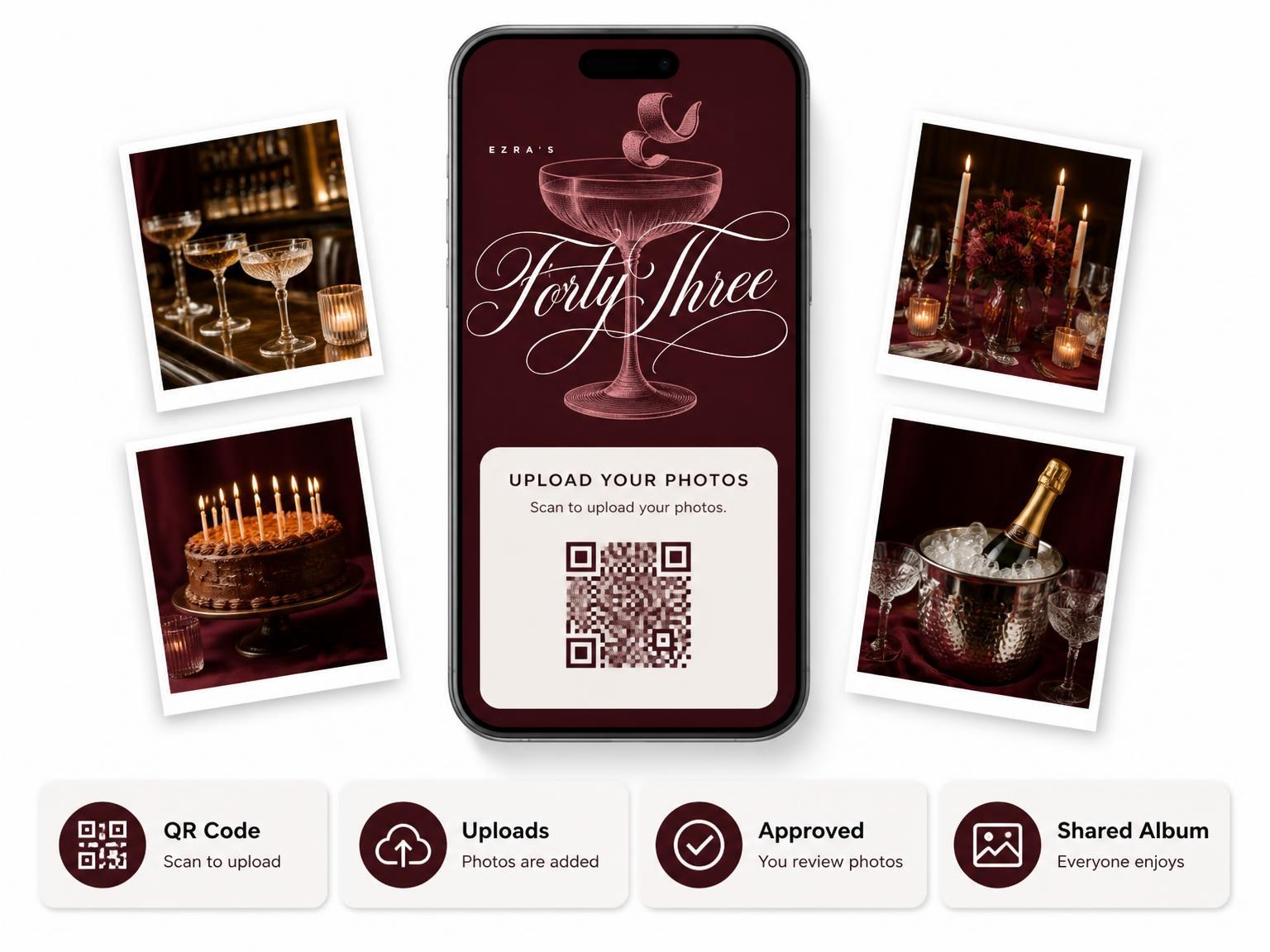 The shared photo gallery that comes with the Burgundy Cocktail 43rd Birthday Invitation invitation