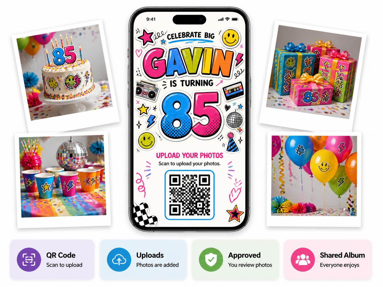 The shared photo gallery that comes with the Sticker Pop 85th Birthday Invitation invitation