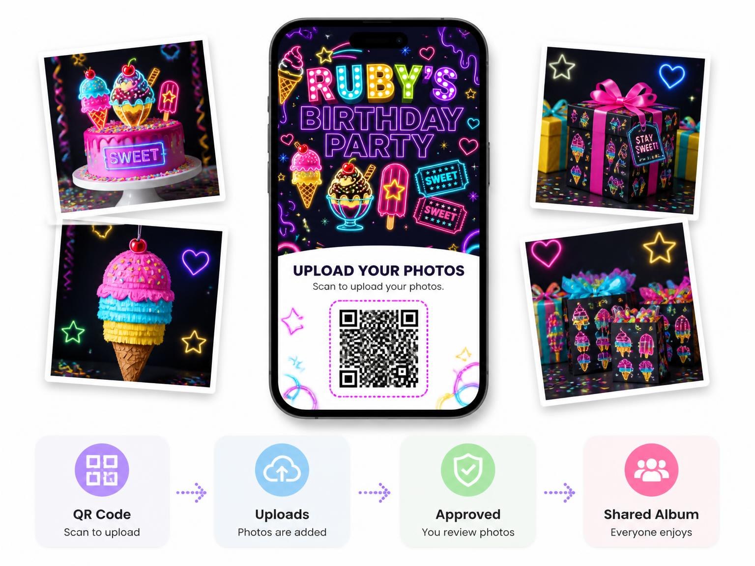 The shared photo gallery that comes with the Neon Ice Cream 22nd Birthday Invitation invitation