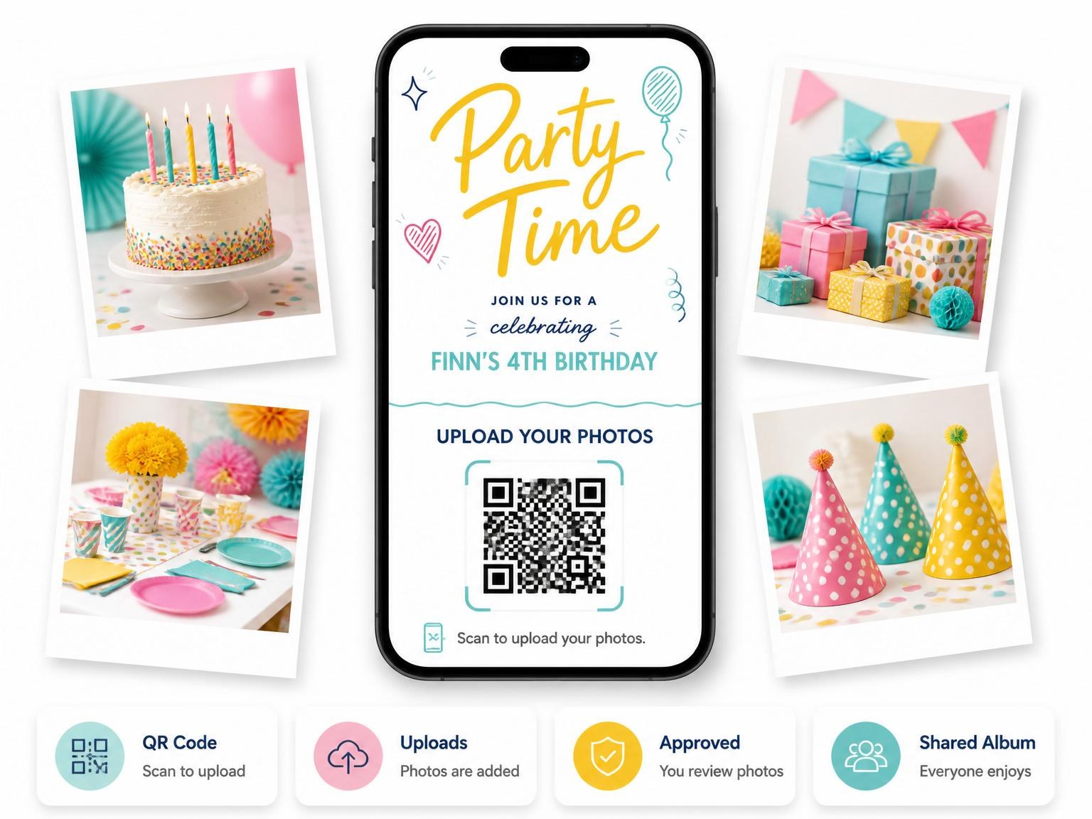 The shared photo gallery that comes with the Doodle Motif Multicolor 4th Birthday Invitation invitation