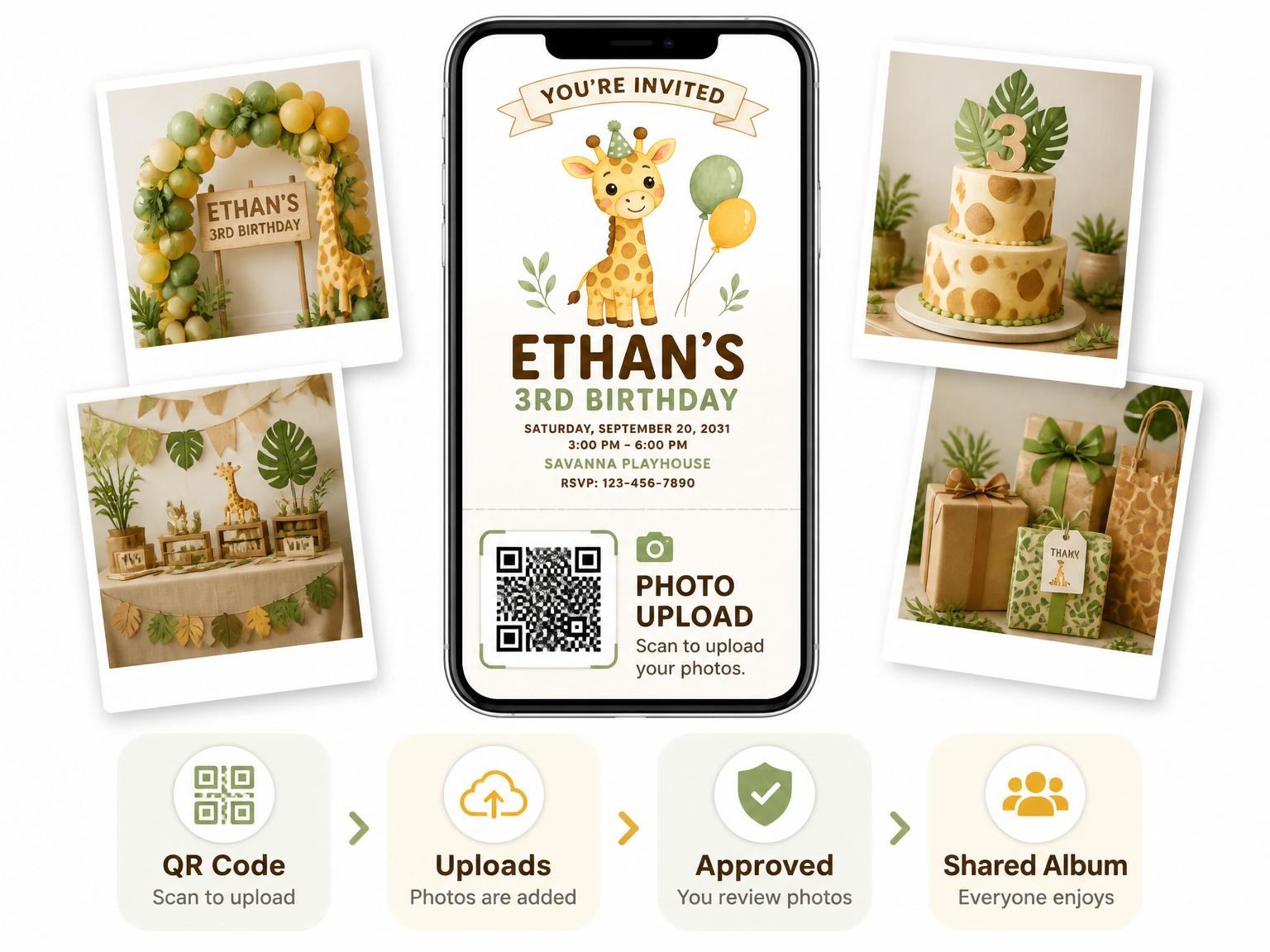 The shared photo gallery that comes with the Safari Giraffe 3rd Birthday invitation