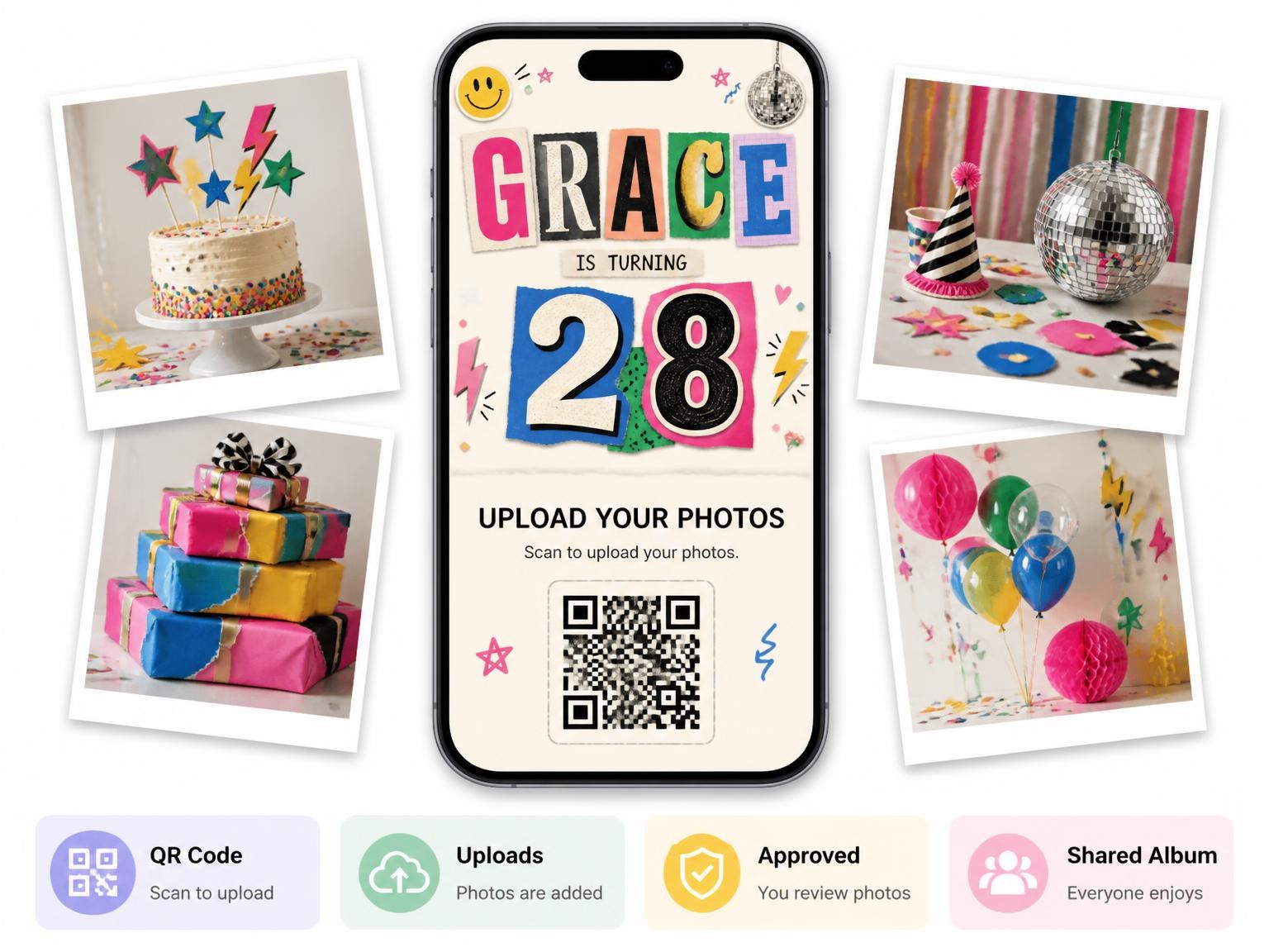 The shared photo gallery that comes with the Retro Paper Collage 28th Birthday Invitation invitation